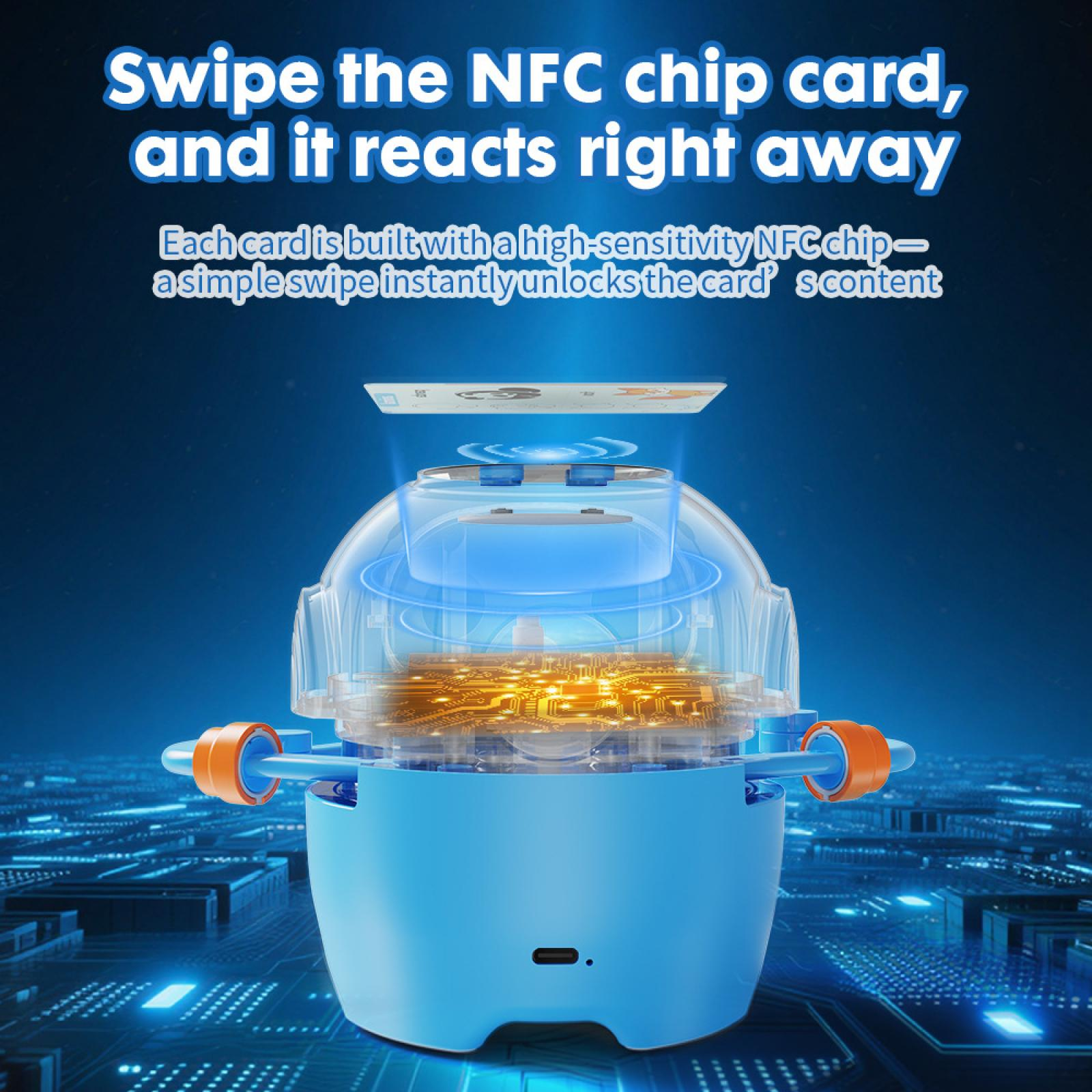 Ein blaues und klares Gerät mit golden leuchtender interner Schaltung, das mit einer weißen NFC-Karte darüber interagiert.