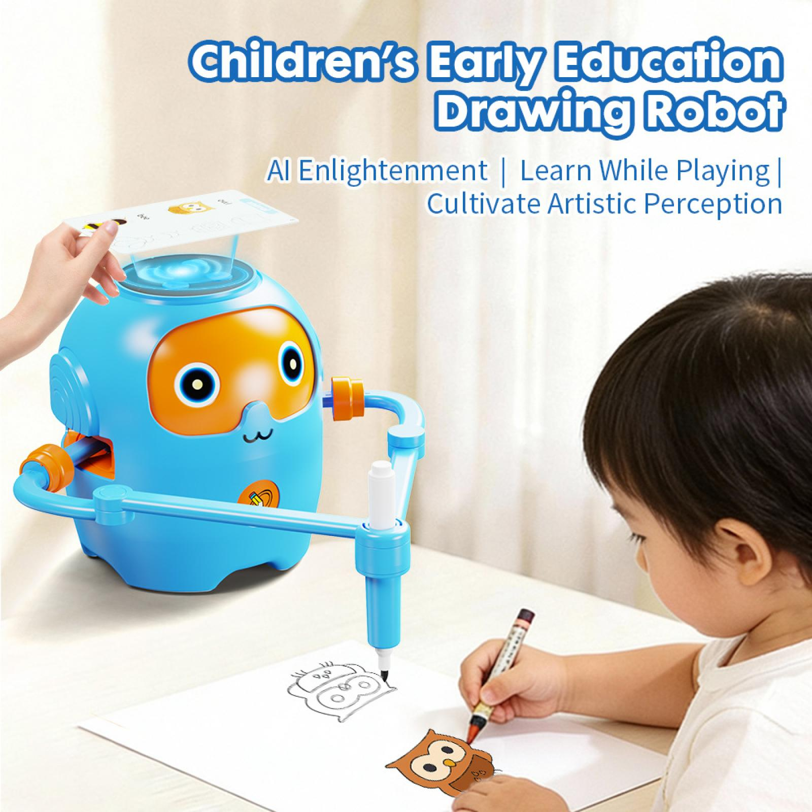Ein Kind zeichnet eine Eule neben einem blau-orangen Roboter, der ein Bild auf Papier projiziert.