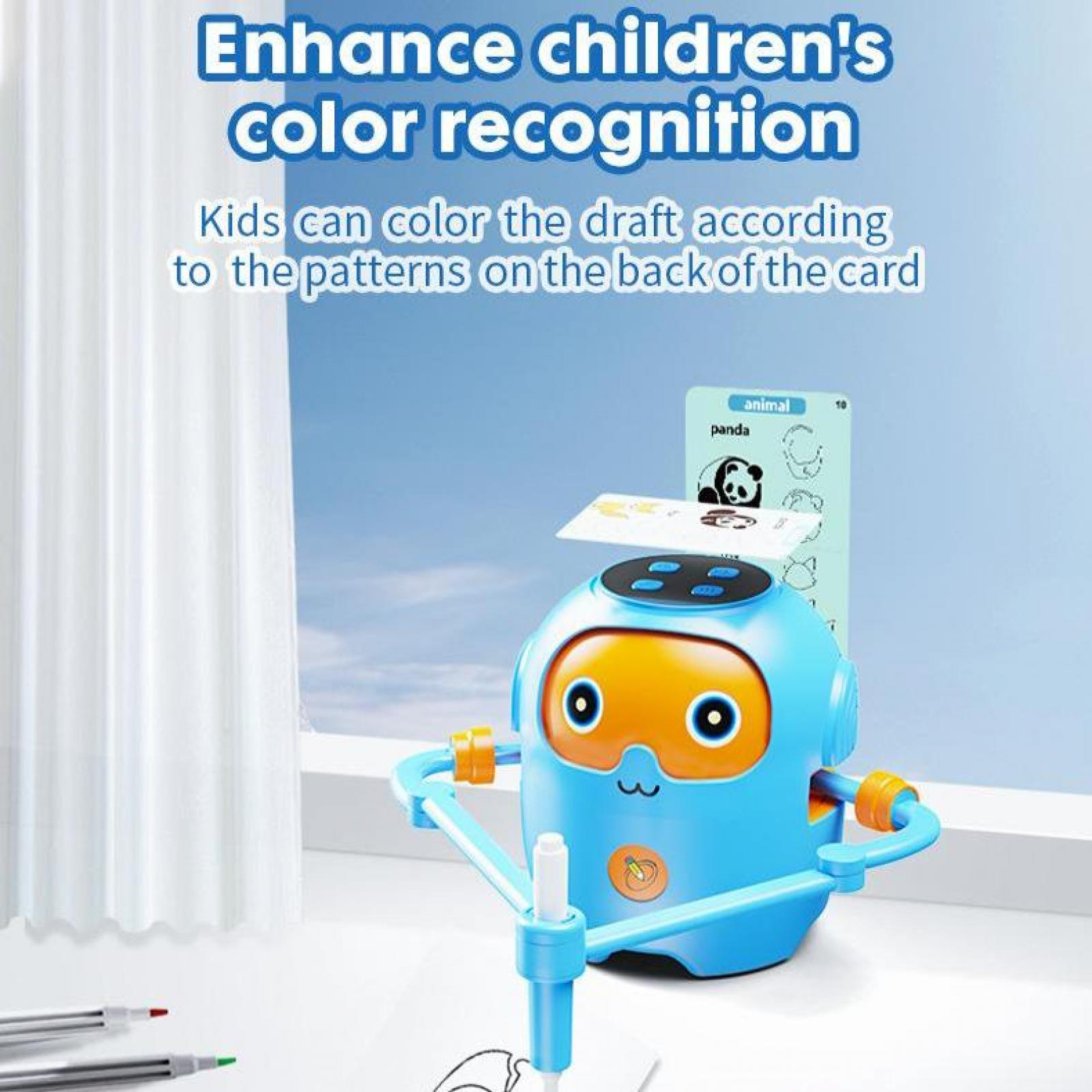 Ein blaues Roboter-Zeichenspielzeug mit orangefarbenem Gesicht, zwei schwarzen Augen und einem weißen Mund. Es hat eine Karte mit einer Panda-Zeichnung darauf. Stifte liegen auf dem Tisch.