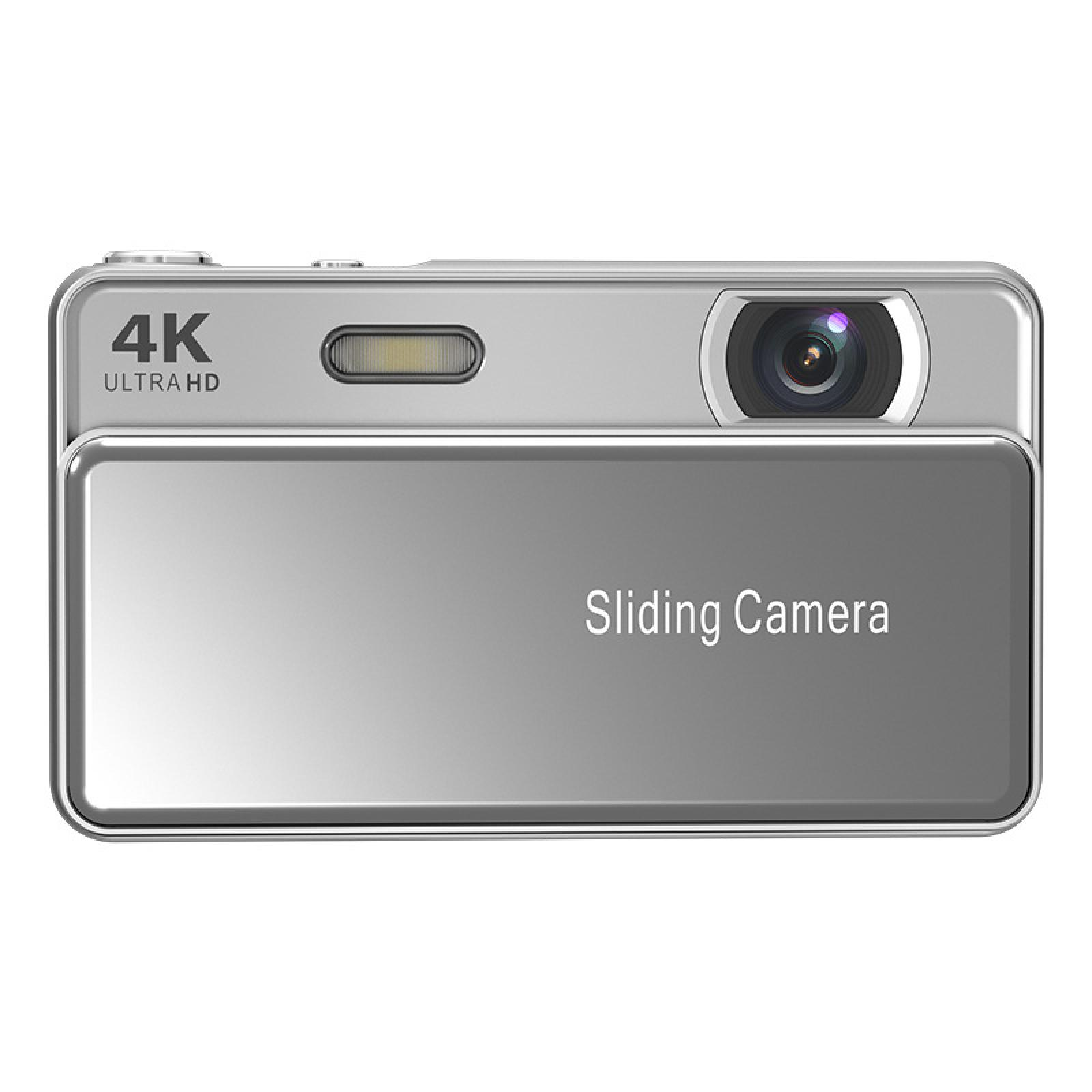 Silberne Kamera mit 4K Ultra HD-Aufschrift und Blitz.