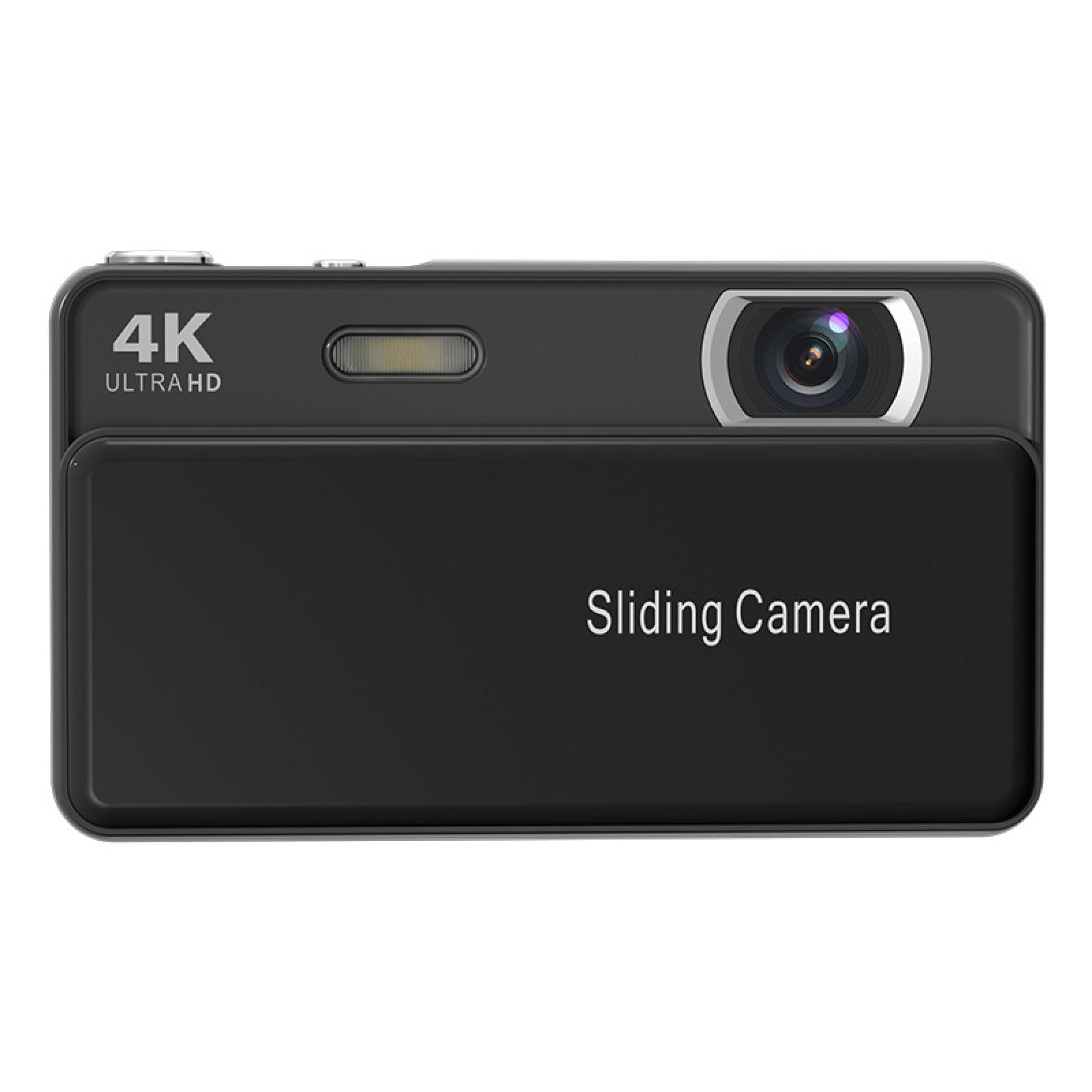 Schwarze Digitalkamera mit 4K Ultra HD, Blitz und Schiebe-Kamera-Funktion.
