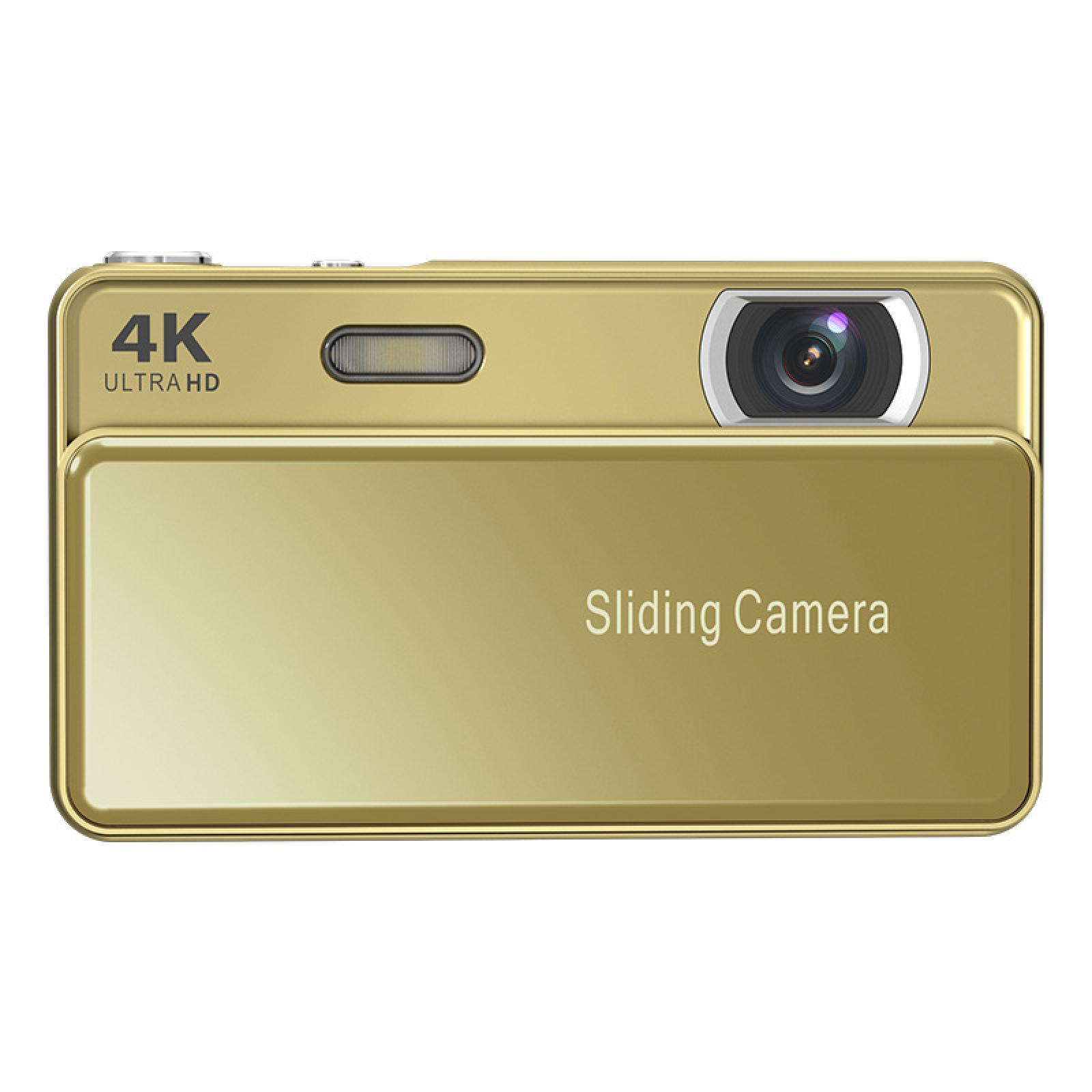 Goldene Kamera mit 4K Ultra HD, Schiebe-Kamera-Funktion und Objektiv.