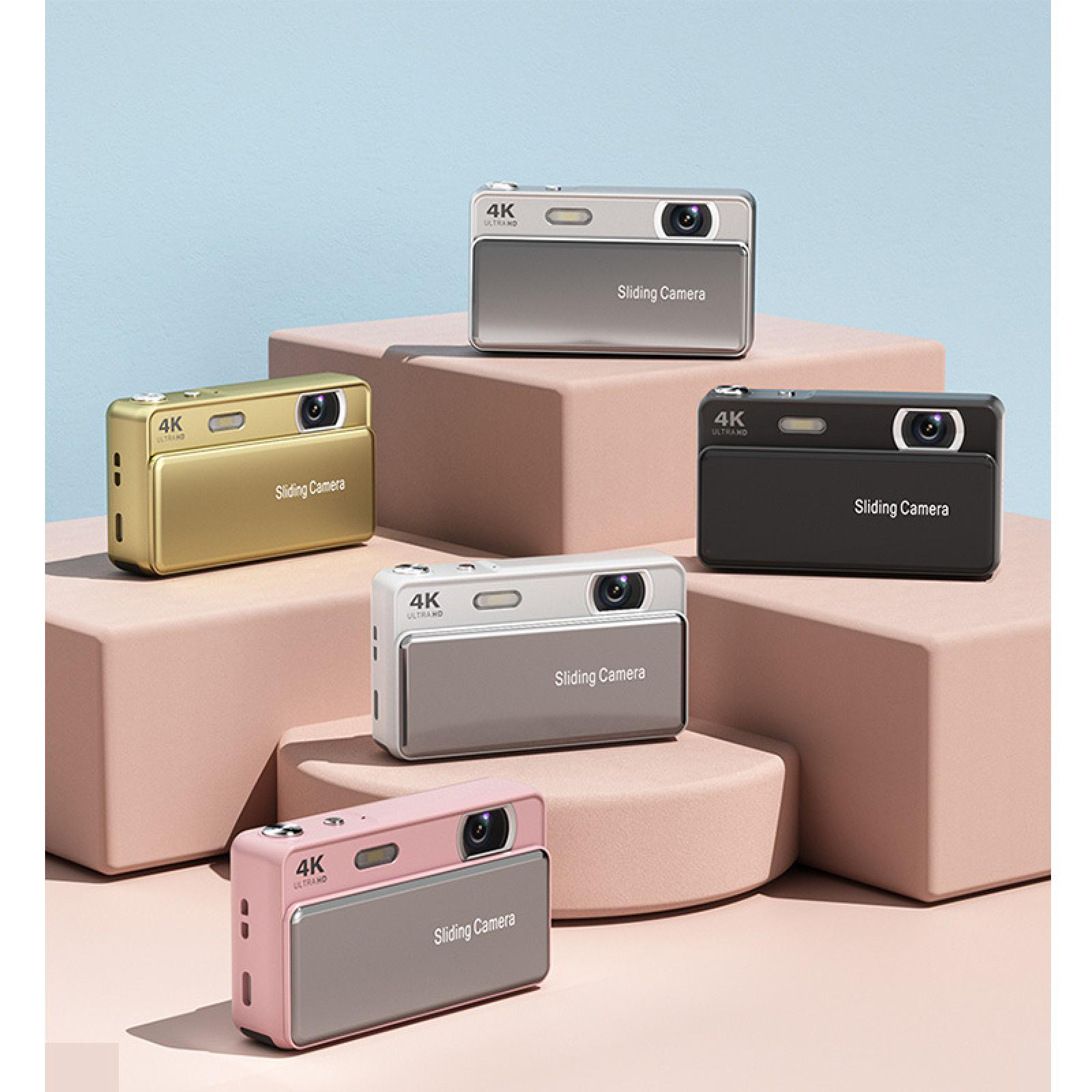 Fünf kompakte 4K-Schiebekameras in verschiedenen Farben (Gold, Silber, Schwarz, Weiß, Rosa) sind auf rosa Plattformen ausgestellt.