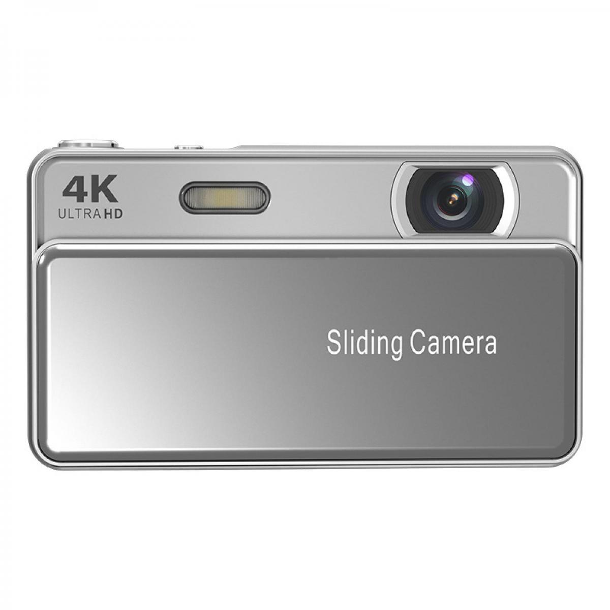 Silberne Kamera mit 4K Ultra HD-Aufschrift und Text 'Sliding Camera'.