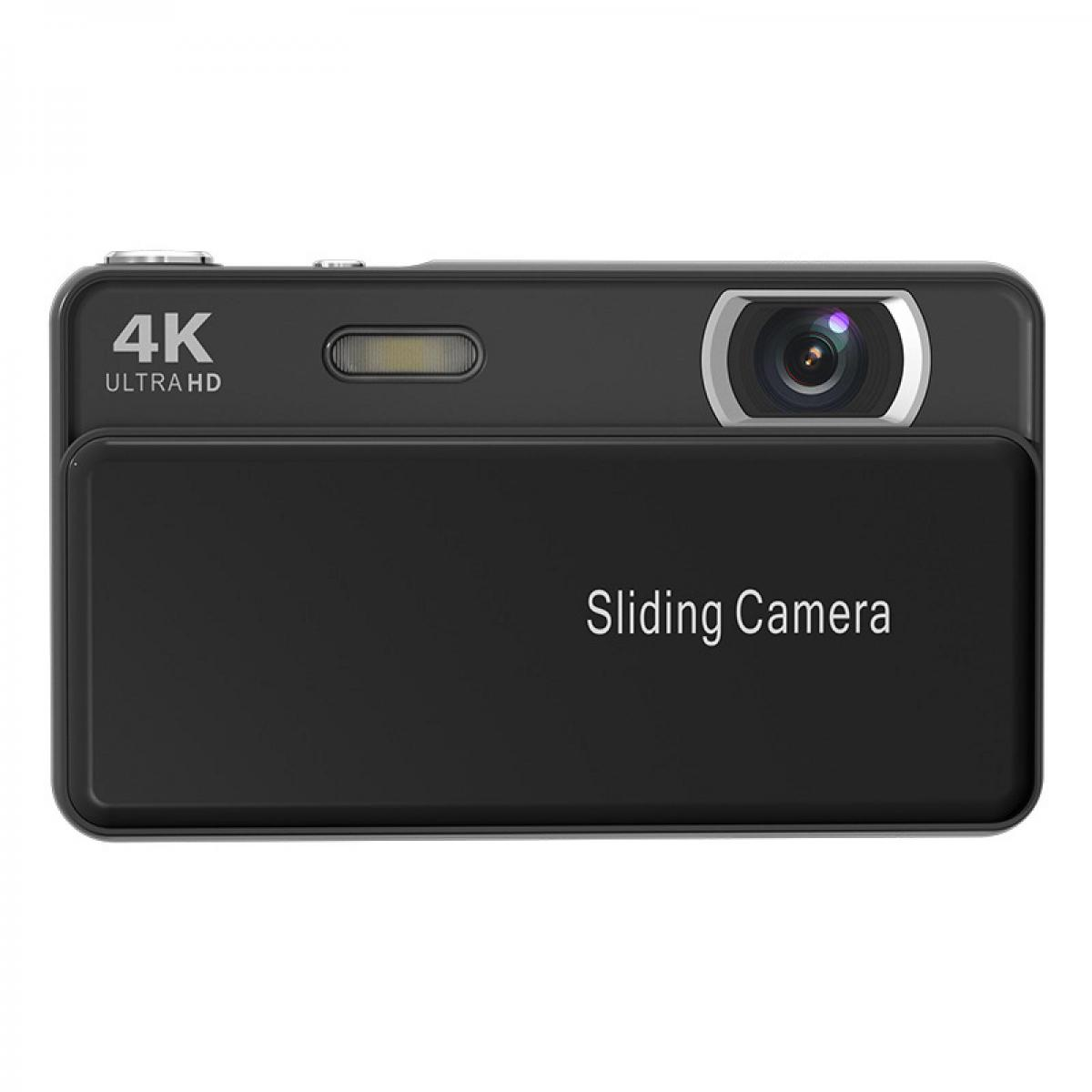 Eine schwarze 4K-Kamera mit ausziehbarer Linse und Blitz.