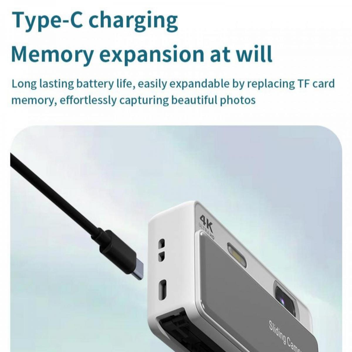 Ein Typ-C-Ladekabel wird in eine weiße Kamera mit 4K-Ultra-HD-Beschriftung gesteckt.