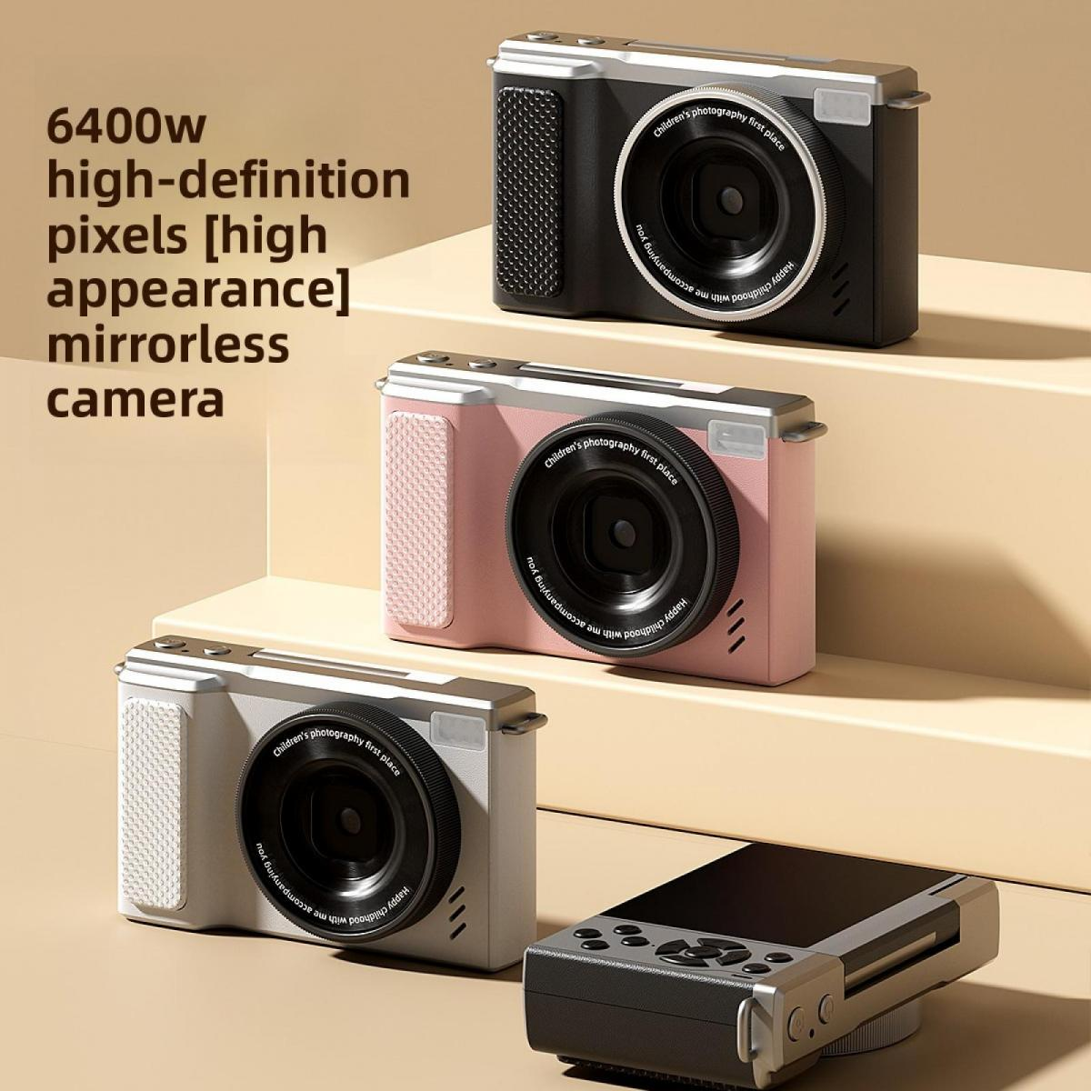Drei spiegellose Kameras (schwarz, pink, weiß) und eine Kamerabasis auf einer beigen gestuften Oberfläche. Text erwähnt 6400w Pixel.