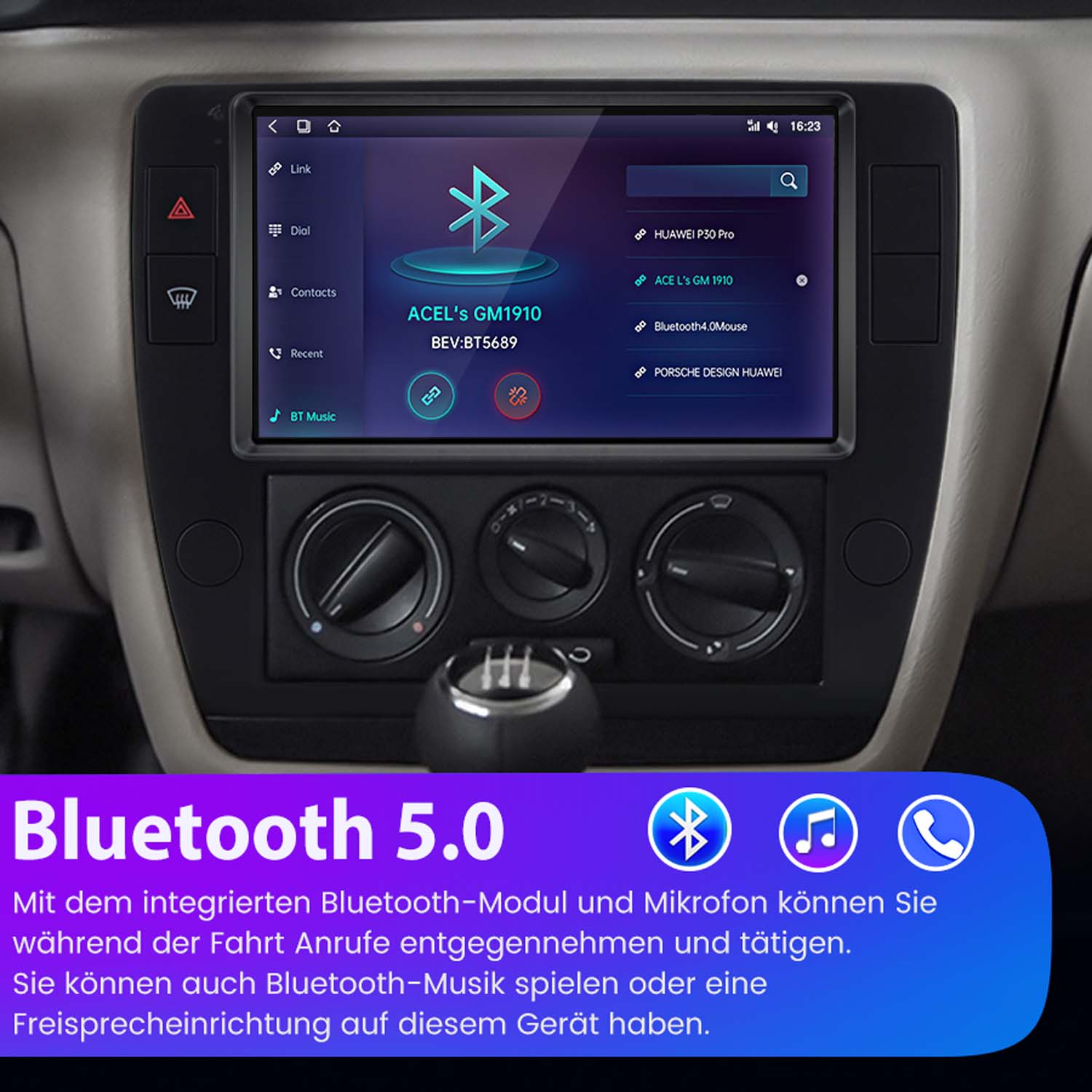 Ein Armaturenbrett mit einem zentralen Multimedia-Bildschirm, der Bluetooth 5.0-Verbindungsoptionen und Text darunter anzeigt.