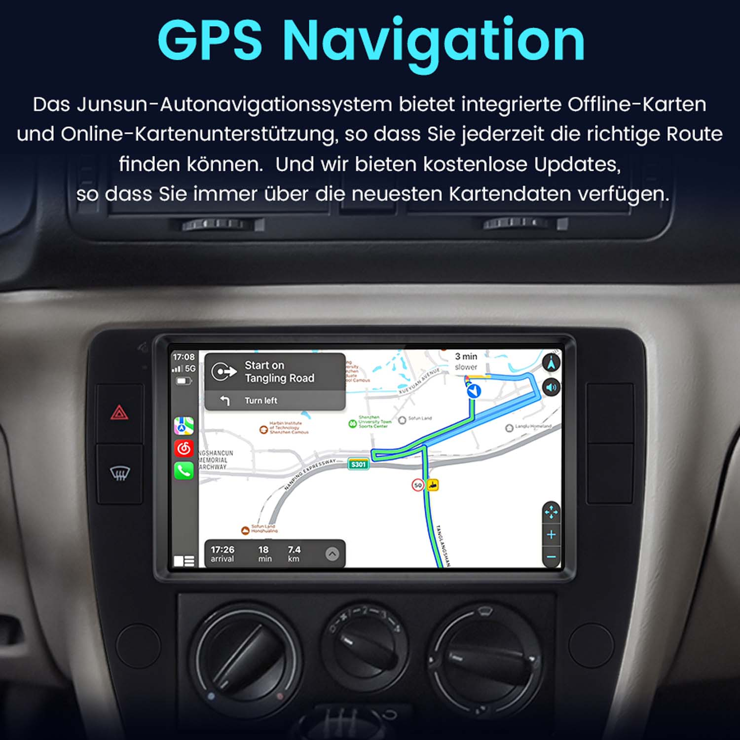 Ein Auto-Navigationssystem zeigt eine Karte mit Routenführung an.