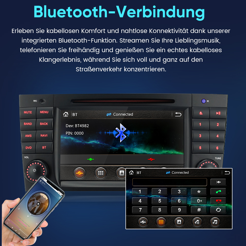 Ein Autoradio mit Bluetooth-Verbindung, das Geräteinformationen und eine Wähltastatur anzeigt. Eine Hand hält ein Telefon.