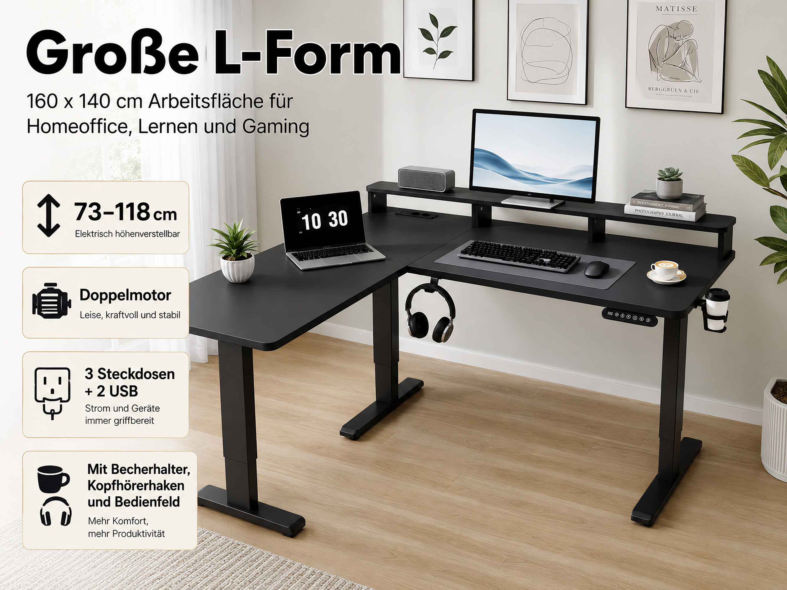 Schwarzer L-förmiger Schreibtisch mit Computerausrüstung, Kunst und Pflanzen.