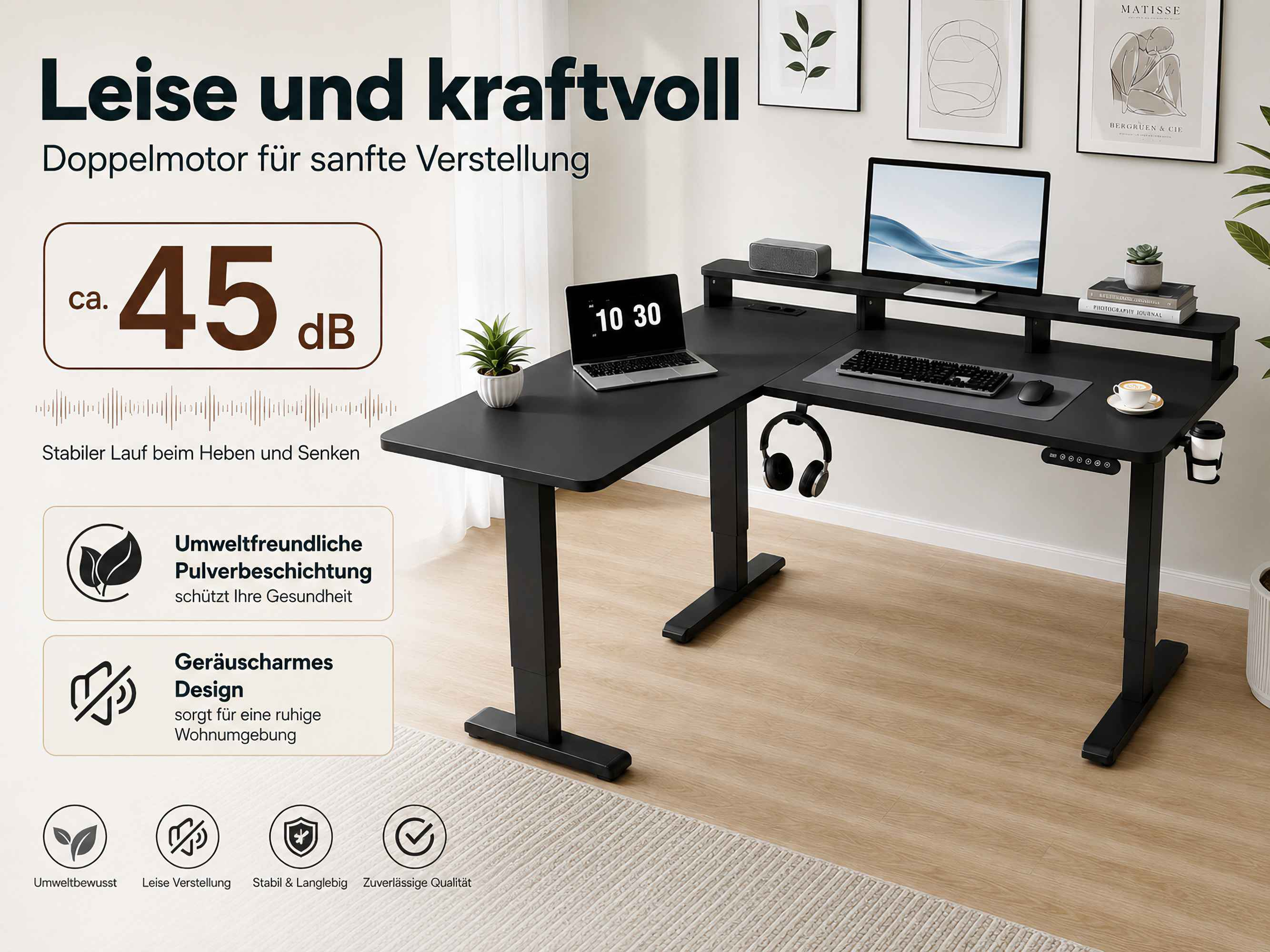 Schwarzer höhenverstellbarer Eckschreibtisch mit Laptop, Monitor und Kopfhörern.