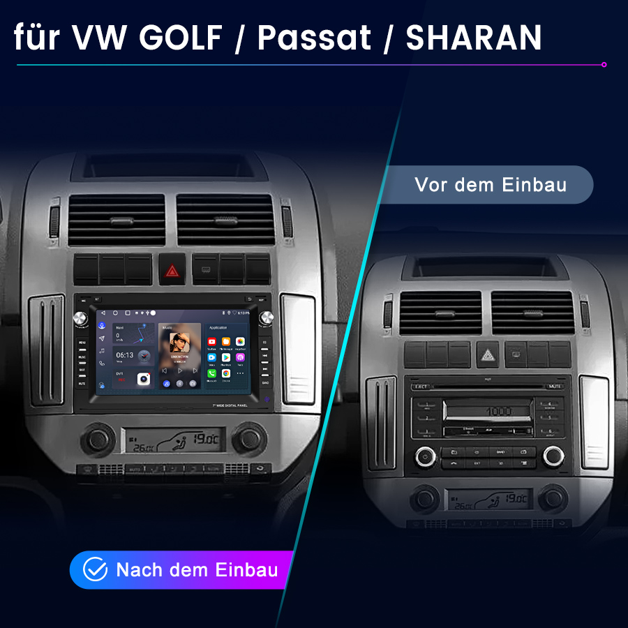 Vergleich von VW Autoradios vor und nach dem Einbau. Das neue Radio hat einen großen Touchscreen.