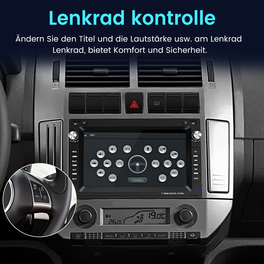 Lenkradkontrolle auf einem Auto-Infotainment-Bildschirm mit Tasten und Menüs.