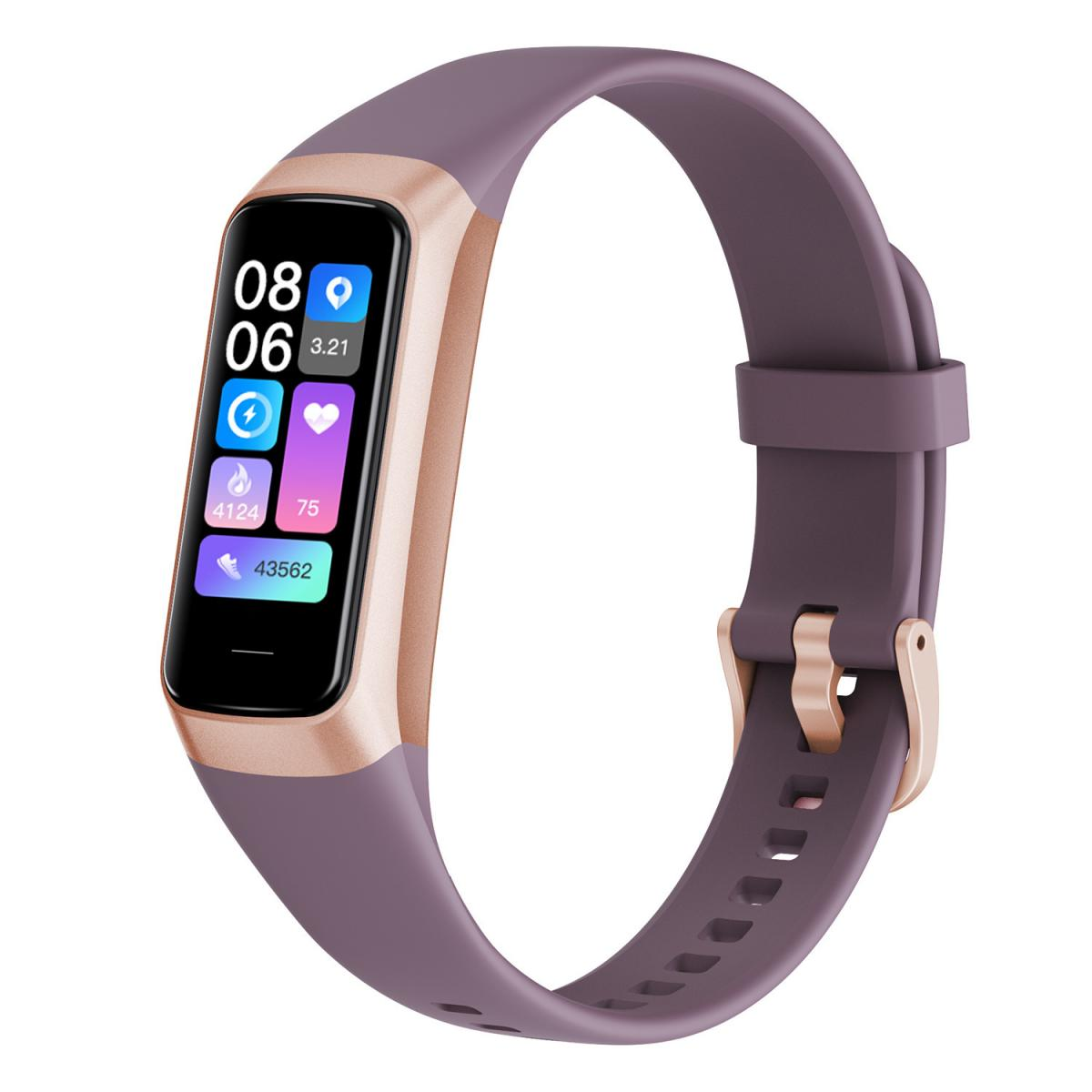 Ein lila Fitness-Tracker mit roségoldfarbenem Rand zeigt Uhrzeit, Schritte, Herzfrequenz und Akku.