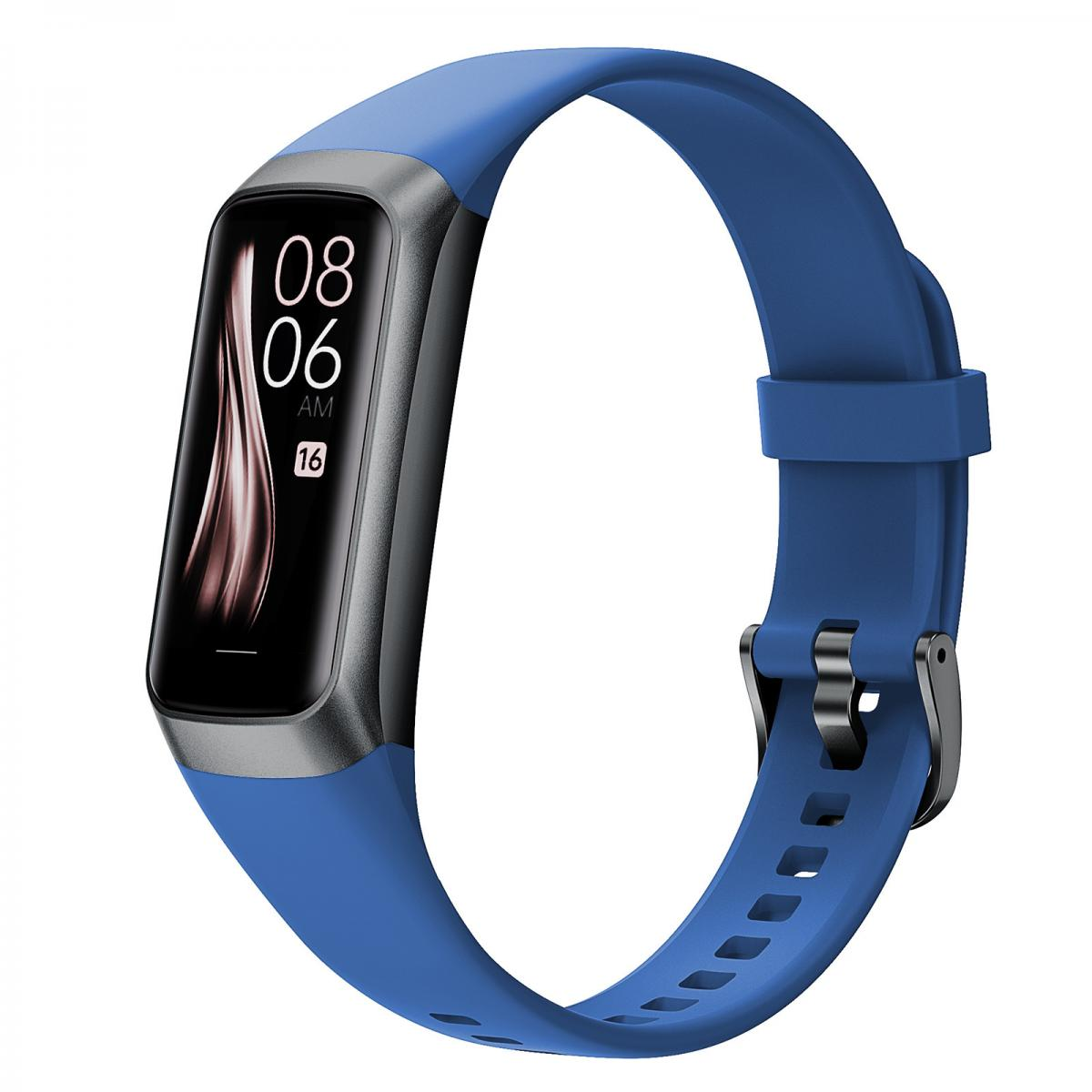 Blauer Fitnesstracker mit digitaler Anzeige: 08:06 Uhr und die Zahl 16.