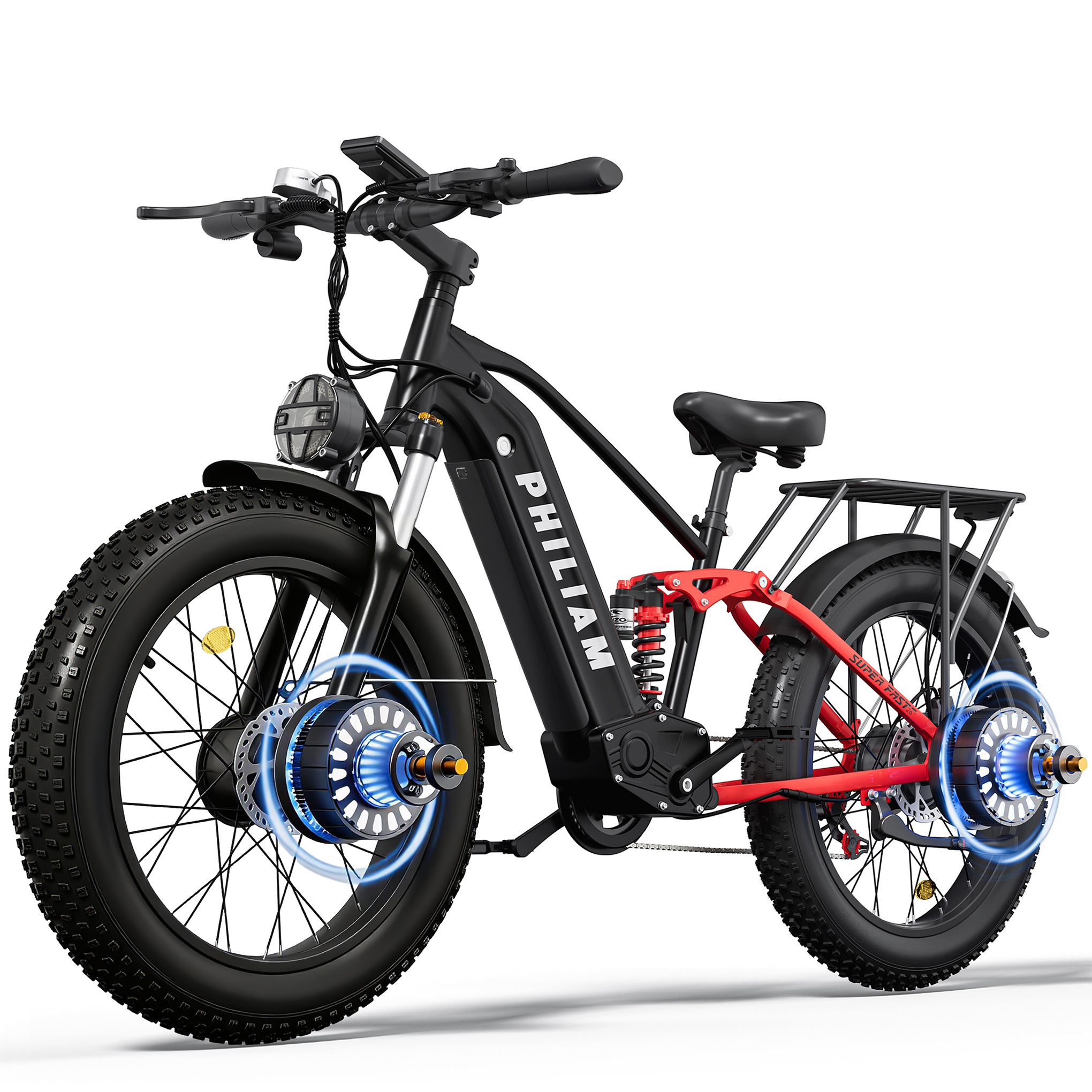 Bicicleta eléctrica negra de llantas anchas, cuadro rojo, portaequipajes y luces de motor azules.