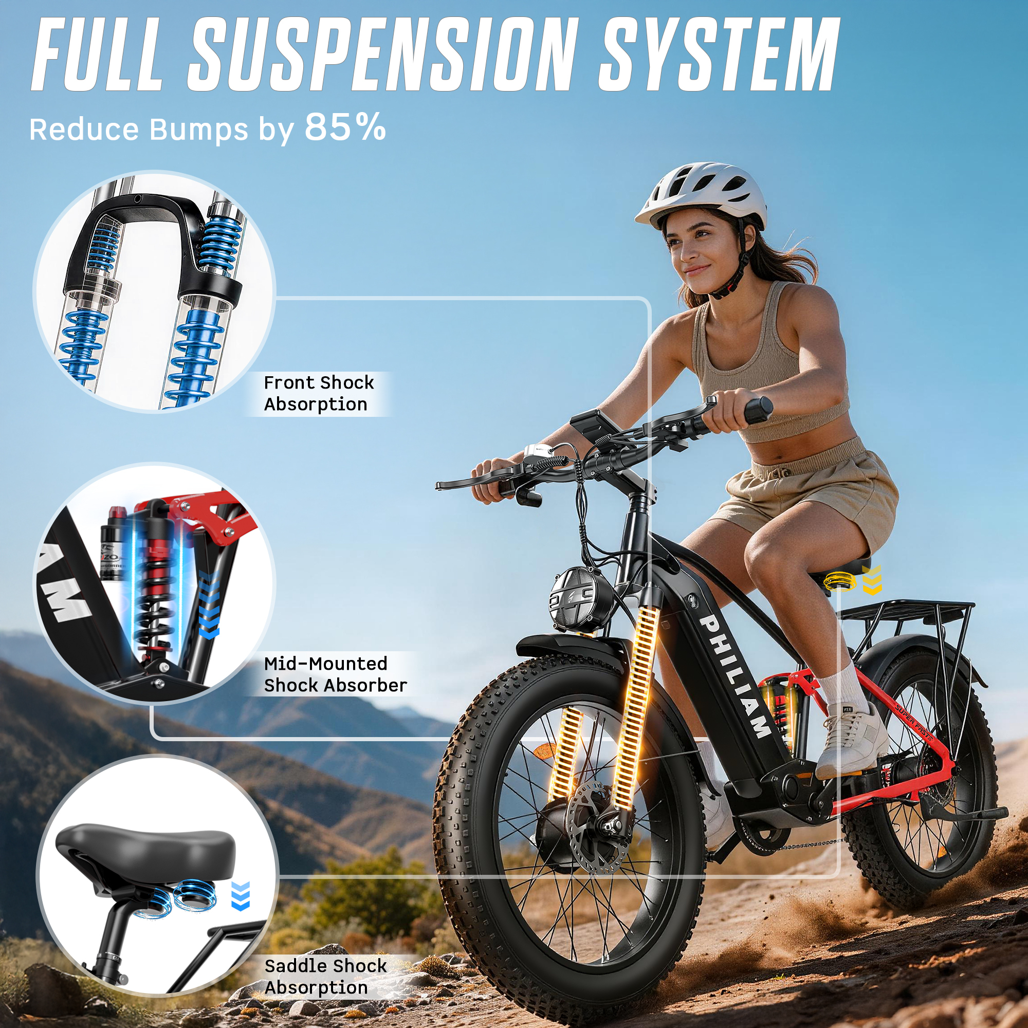 Una mujer monta una e-bike con suspensión completa, amortiguadores delanteros y centrales.