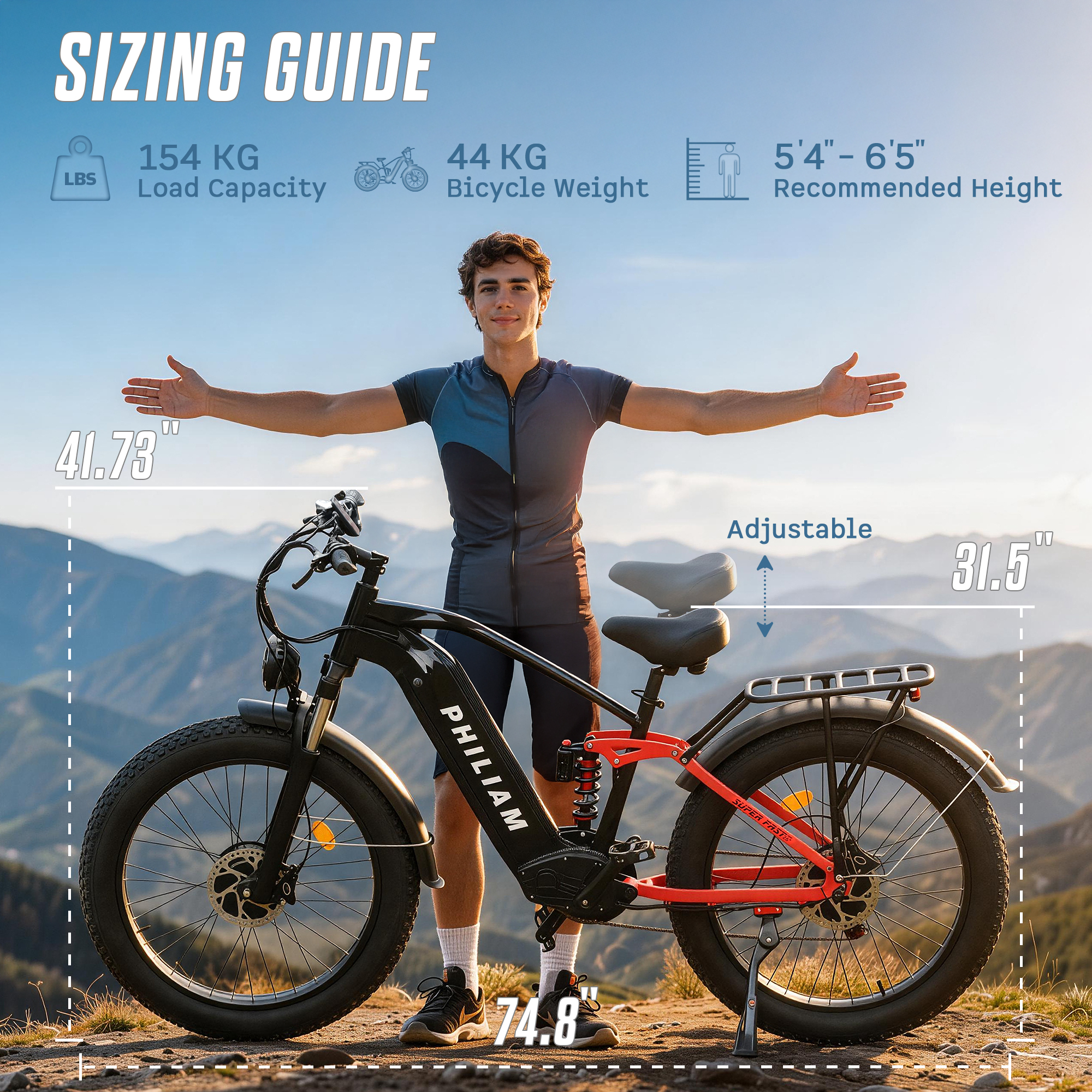 Un hombre con los brazos extendidos detrás de una bicicleta eléctrica negra y roja en un sendero de montaña, guía de tallas visible.