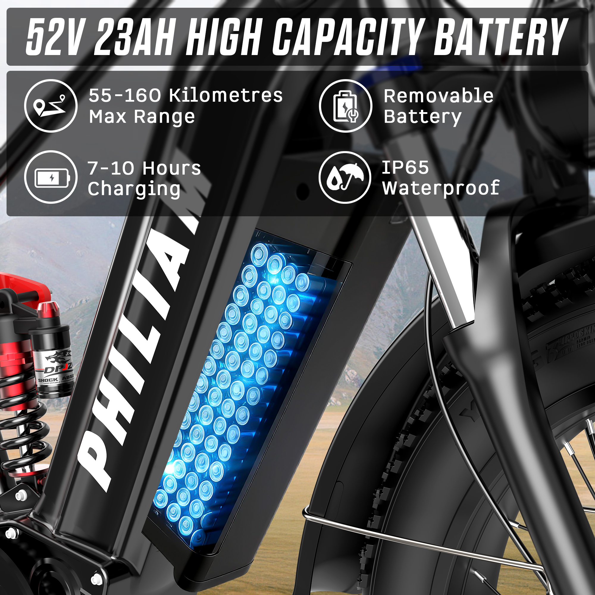 Batería de e-bike: 52V 23AH, autonomía 55-160km, carga 7-10h, extraíble, impermeable IP65.