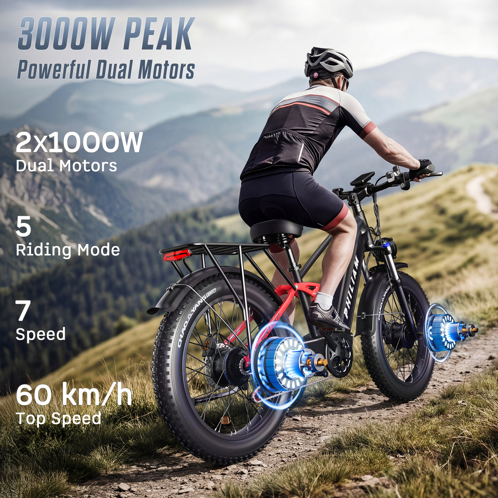 Un hombre monta una e-bike con doble motor en un paisaje montañoso.