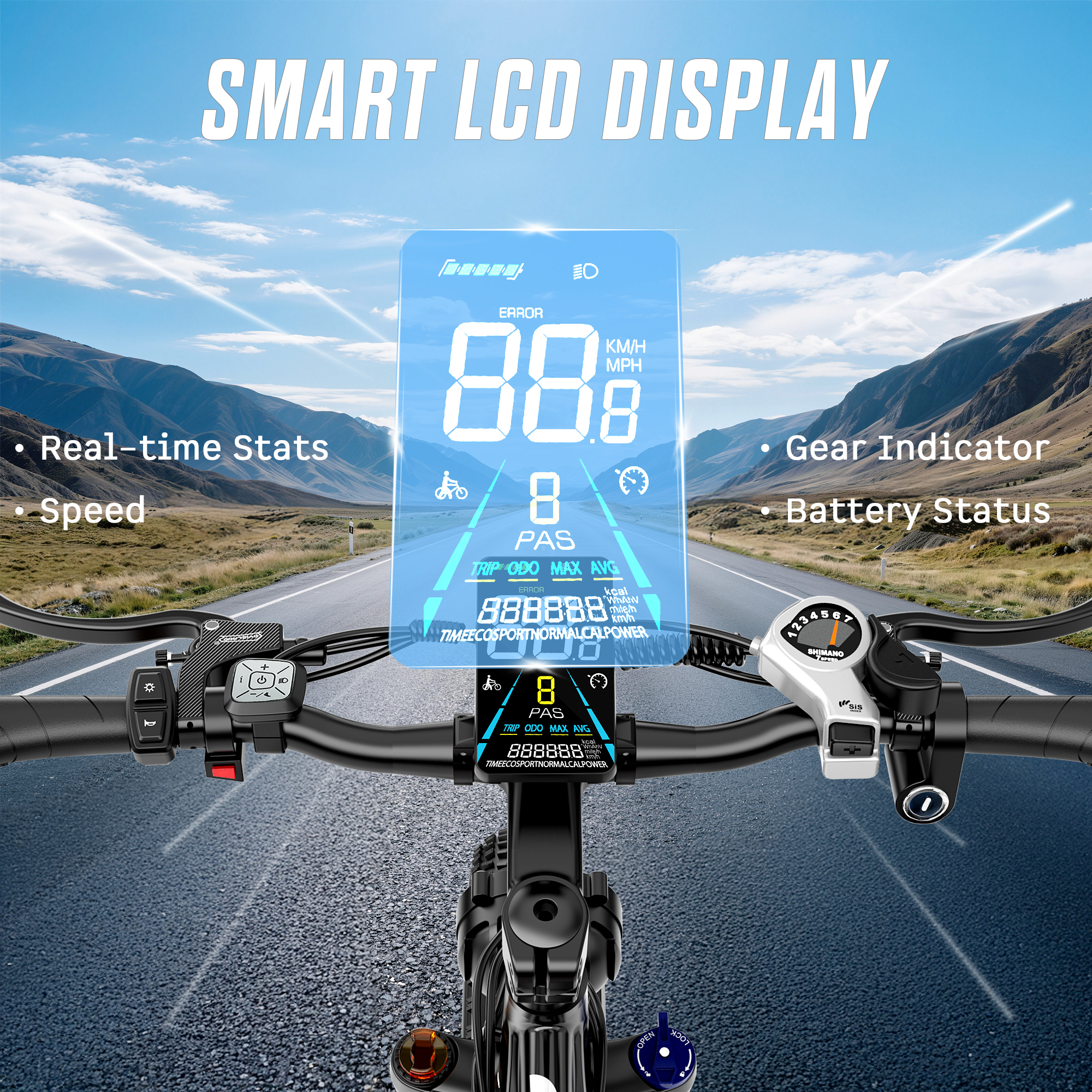 Primer plano de un manillar de bicicleta con una pantalla LCD inteligente que muestra velocidad, marcha y estado de la batería en una carretera.