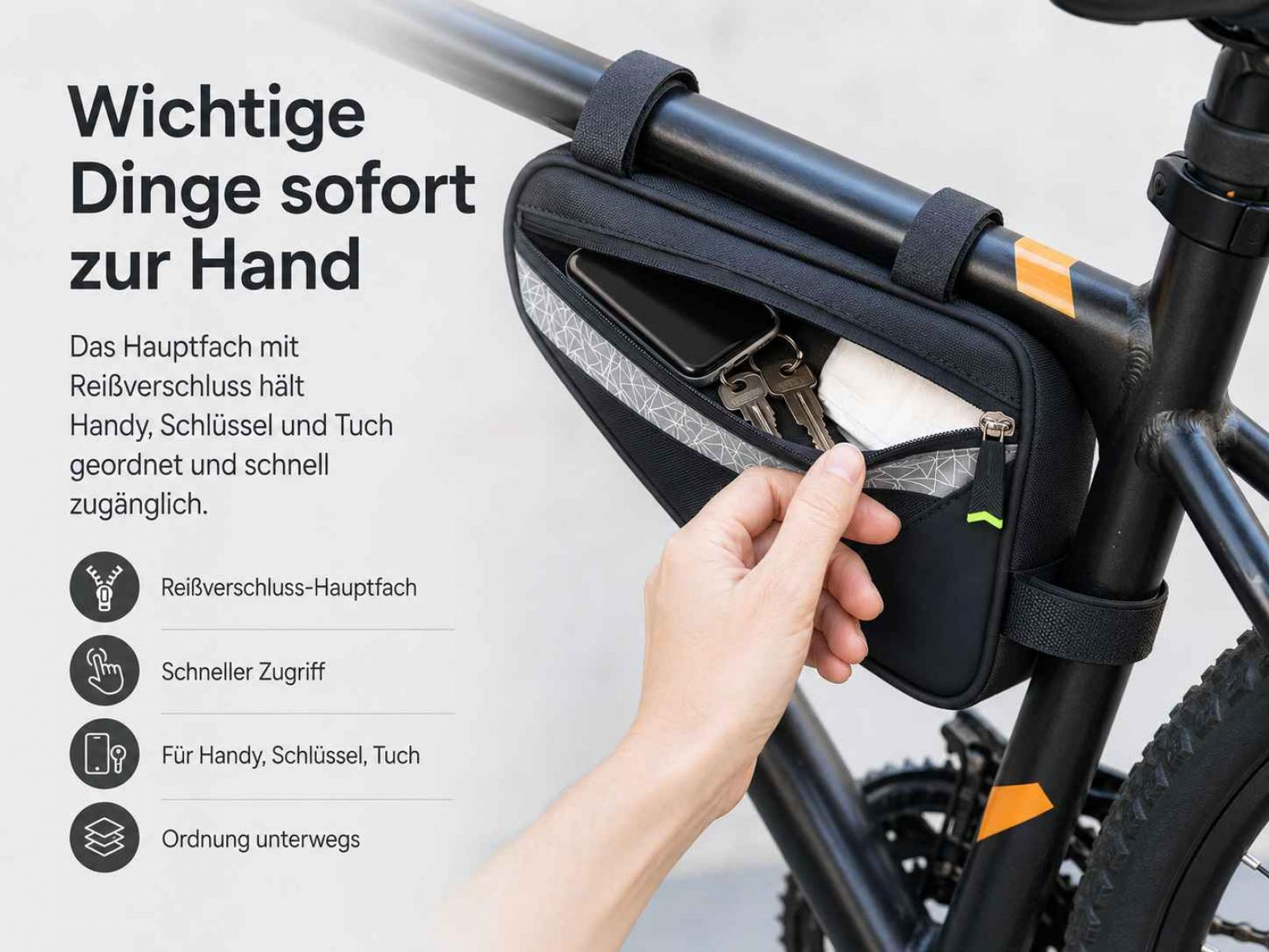 Schwarze Fahrradtasche am Rahmen mit Handy, Schlüssel und Tuch.