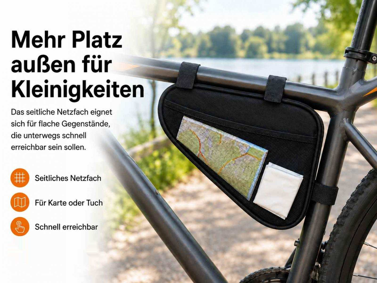Schwarze Fahrrad Rahmentasche mit Karte und Tuch, am Fahrradrahmen befestigt.
