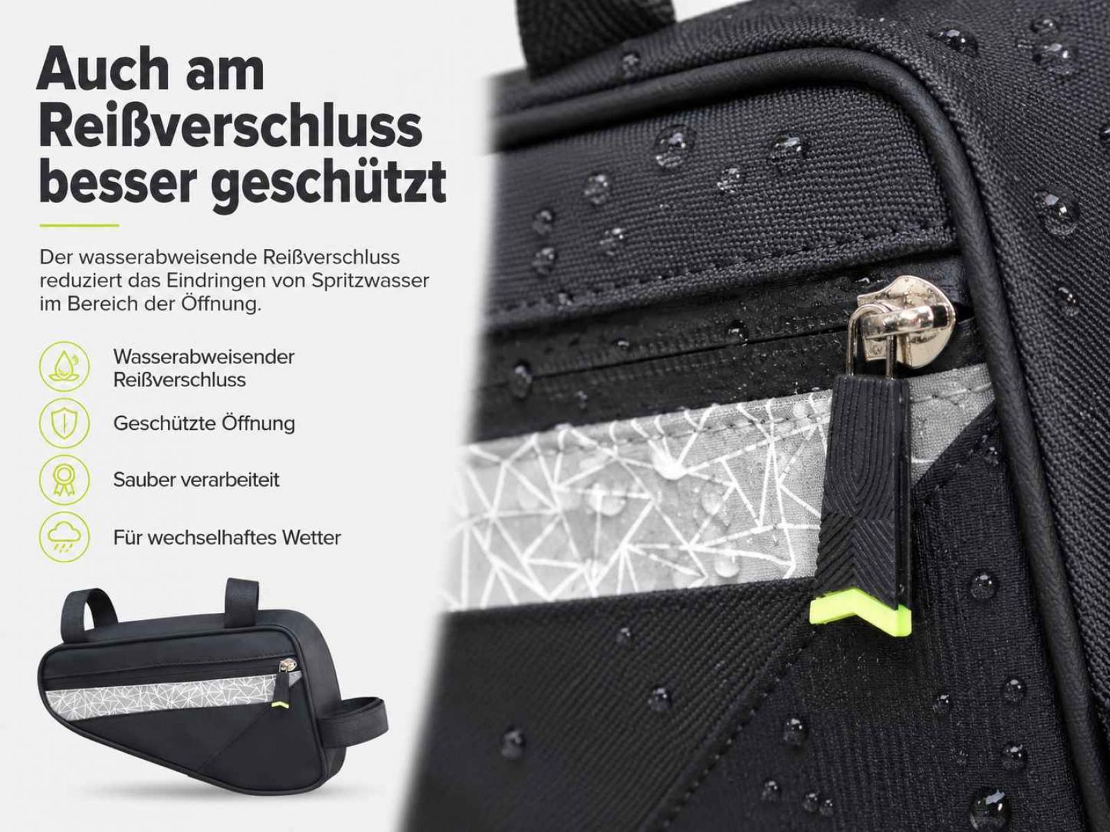 Schwarze Fahrradtasche mit Reißverschluss und Wassertropfen, die Wasserdichtigkeit zeigt.