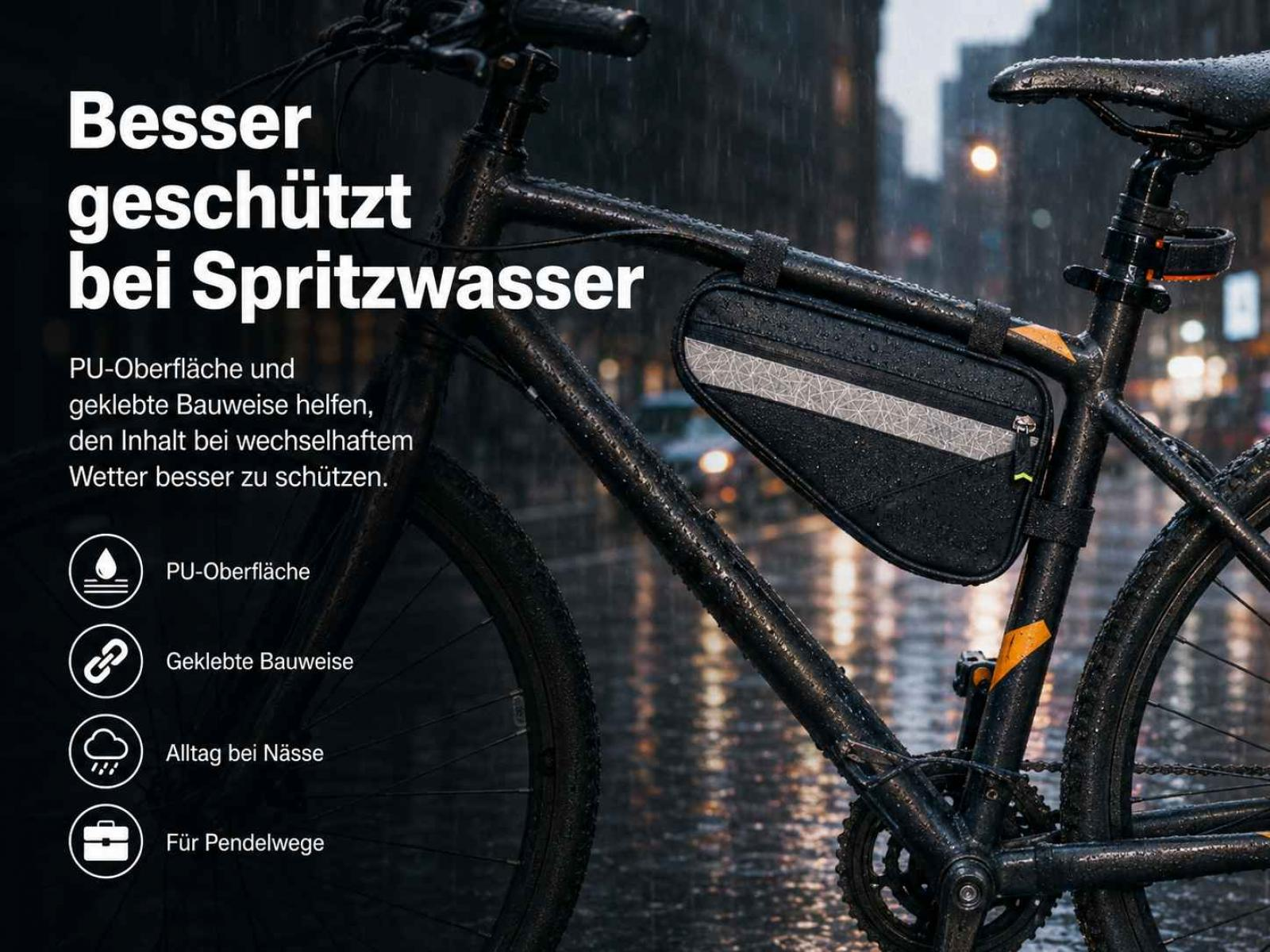 Fahrradtasche am Fahrrad im Regen, schützt vor Spritzwasser.