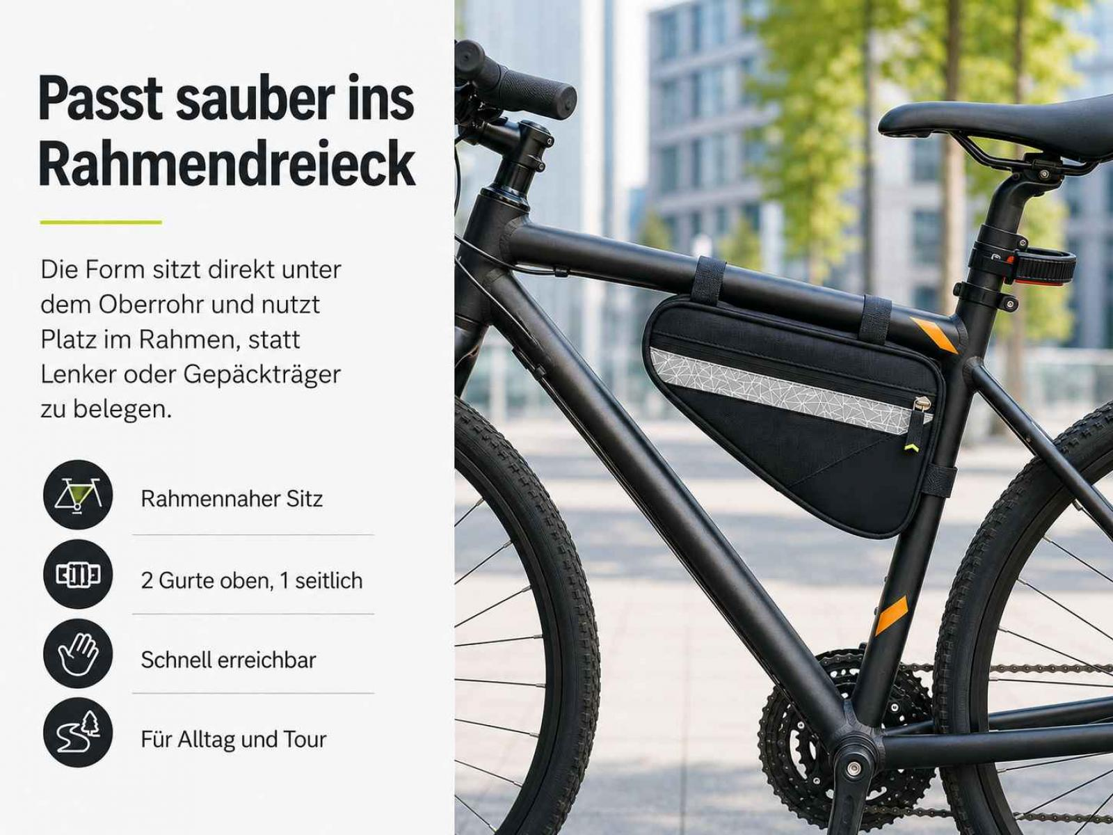 Ein schwarzes Fahrrad mit einer schwarzen Rahmentasche, die am Oberrohr befestigt ist und ein reflektierendes Muster aufweist, im Freien geparkt.
