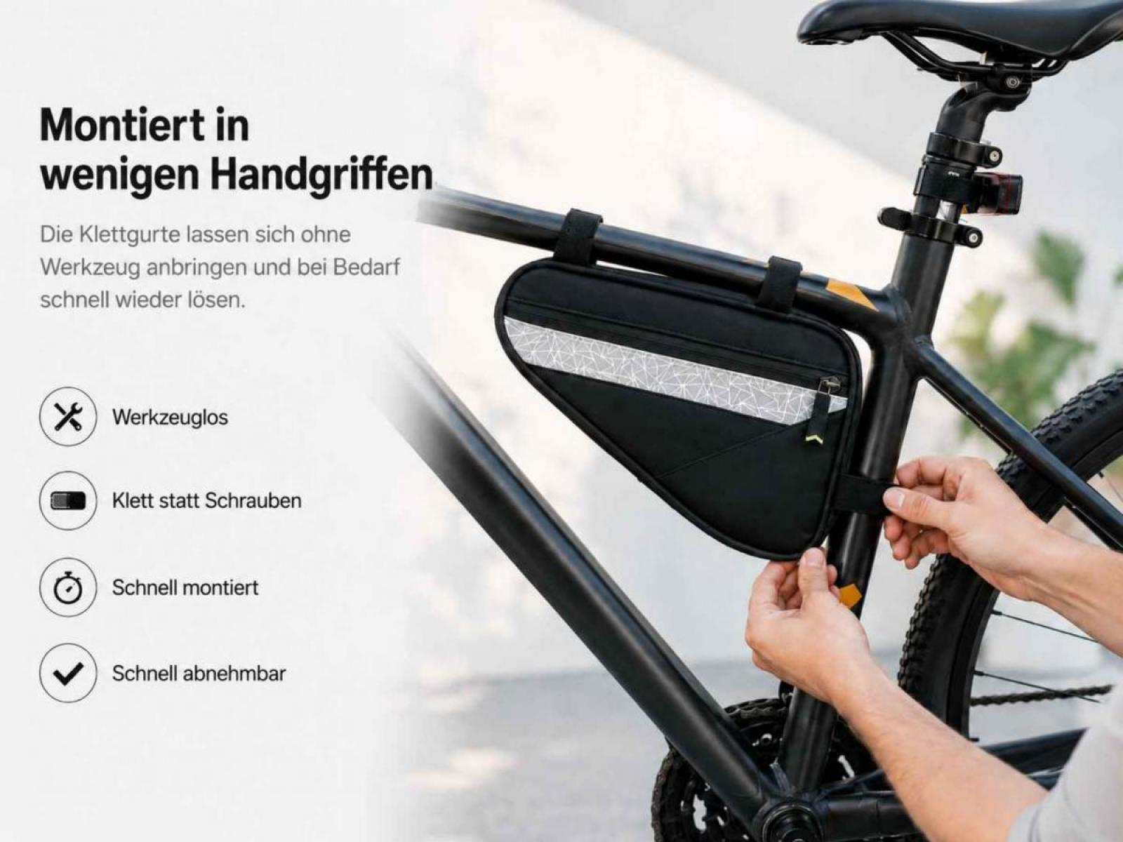Schwarze Fahrradtasche mit Reflektoren, die an einem Fahrradrahmen befestigt wird.