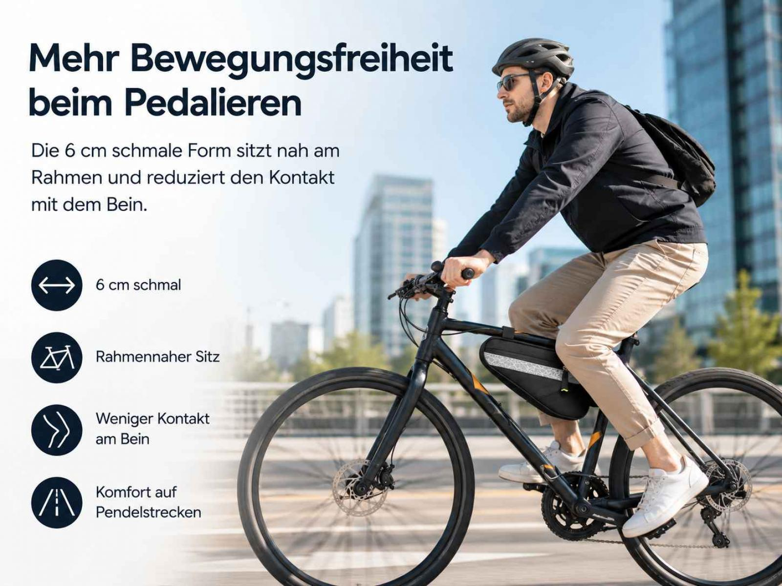 Mann fährt Fahrrad, Tasche am Rahmen, mehr Bewegungsfreiheit beim Pedalieren.