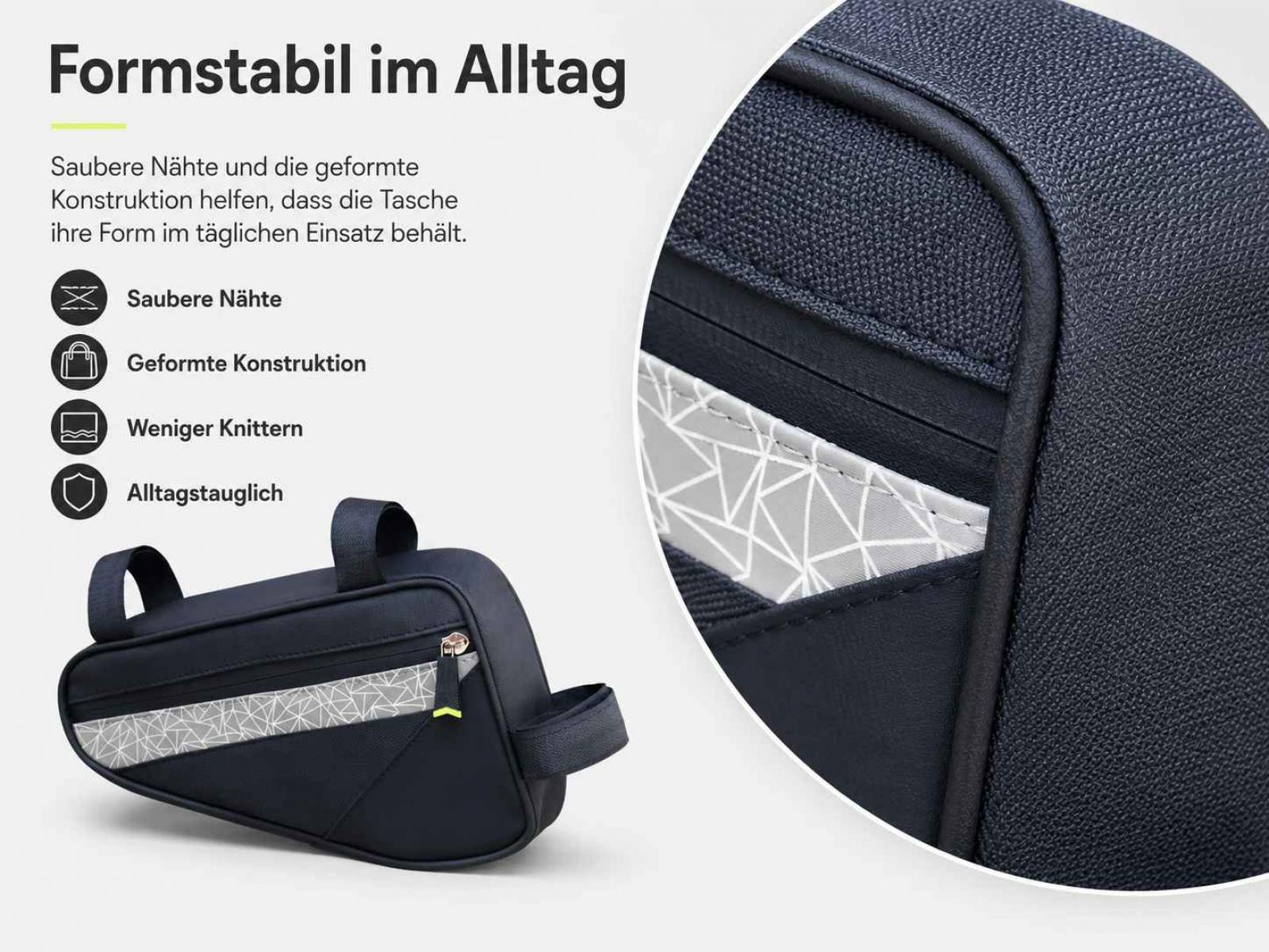 Nahaufnahme einer schwarzen Fahrradtasche mit reflektierendem geometrischem Muster, die ihr strapazierfähiges Material und Design zeigt.
