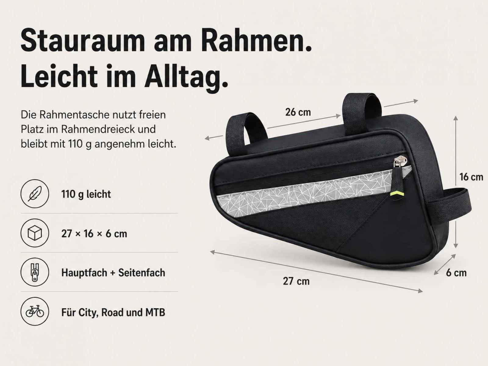 Schwarze Fahrrad Rahmentasche mit reflektierendem Muster, 27x16x6cm.