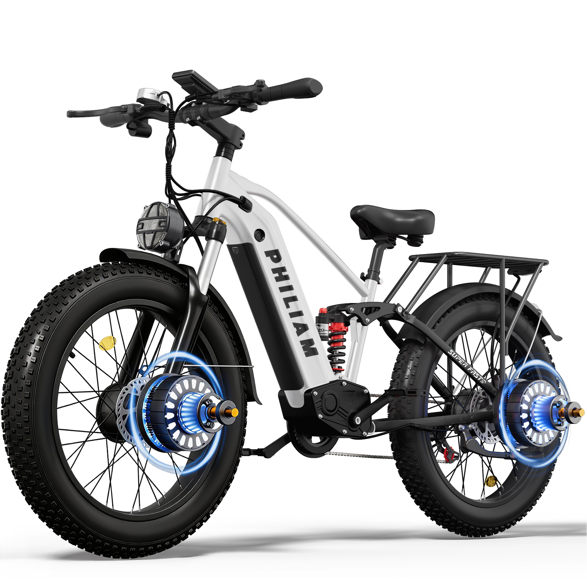 Una bicicleta eléctrica blanca con ruedas anchas, suspensión y luces azules.