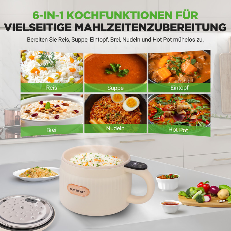 Multifunktionale Kochfunktion zeigt 6 Gerichte an: Reis, Suppe, Eintopf, Brei, Nudeln, Hot Pot.