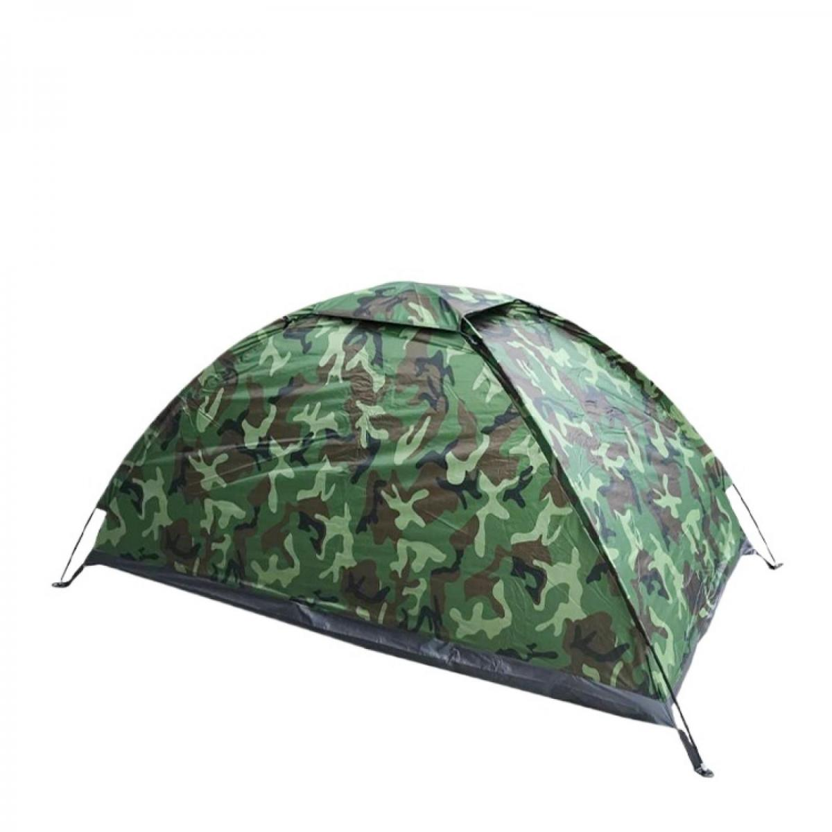 Ein Camouflage-Zelt steht auf weißem Hintergrund.