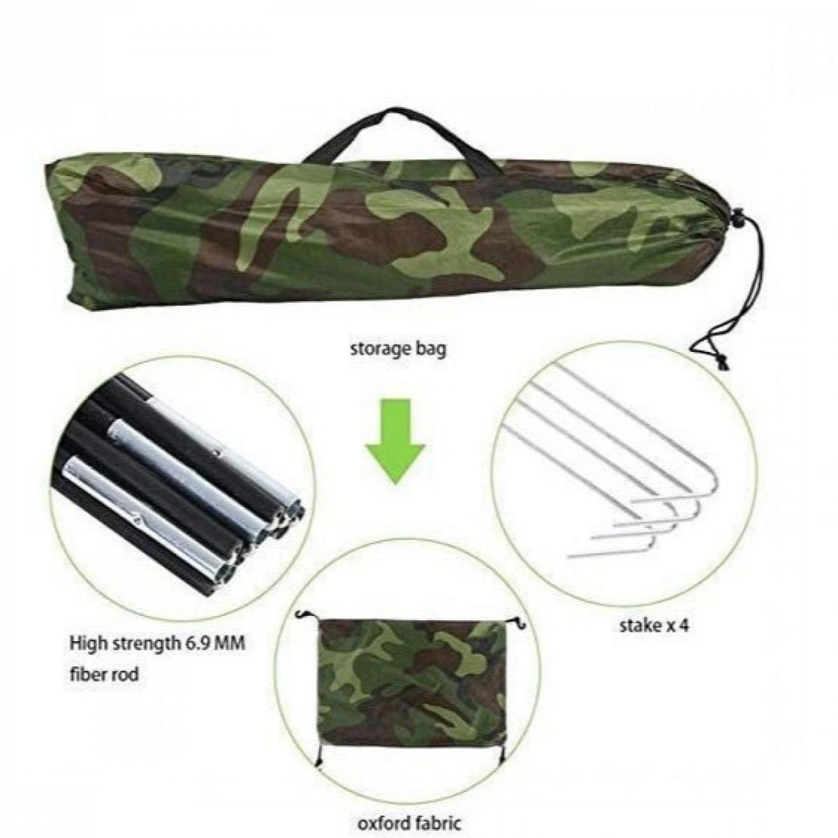Ein Tarnfarbener Packsack mit Zeltstangen, Heringen und Stoff.