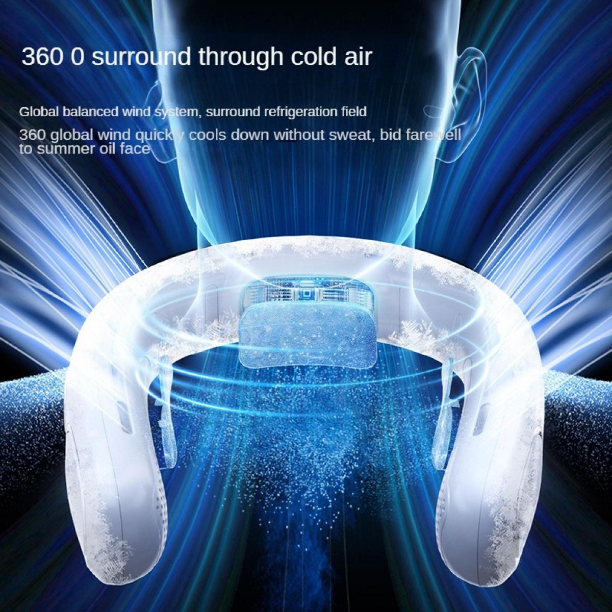 Ein weißer Nackenlüfter mit blauem Hintergrund und Eispartikeln.