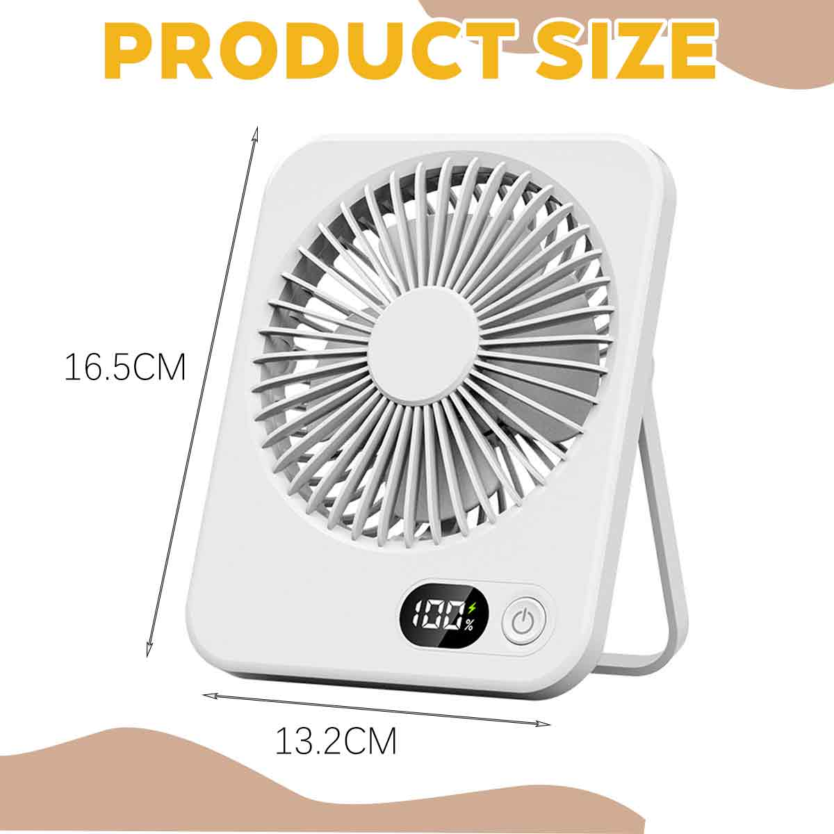 Ein weißer Ventilator mit den Maßen 16,5 cm und 13,2 cm, mit Digitalanzeige.