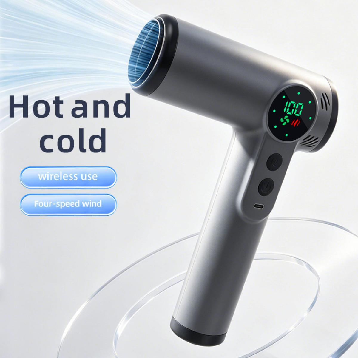 Ein graues Handgerät, möglicherweise ein Haartrockner oder Massagegerät, mit einer Digitalanzeige, die „100“ und Lüftersymbole zeigt.