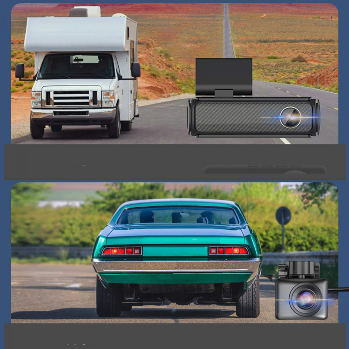 Ein Wohnmobil und ein Sportwagen mit Dashcams auf einer Straße.