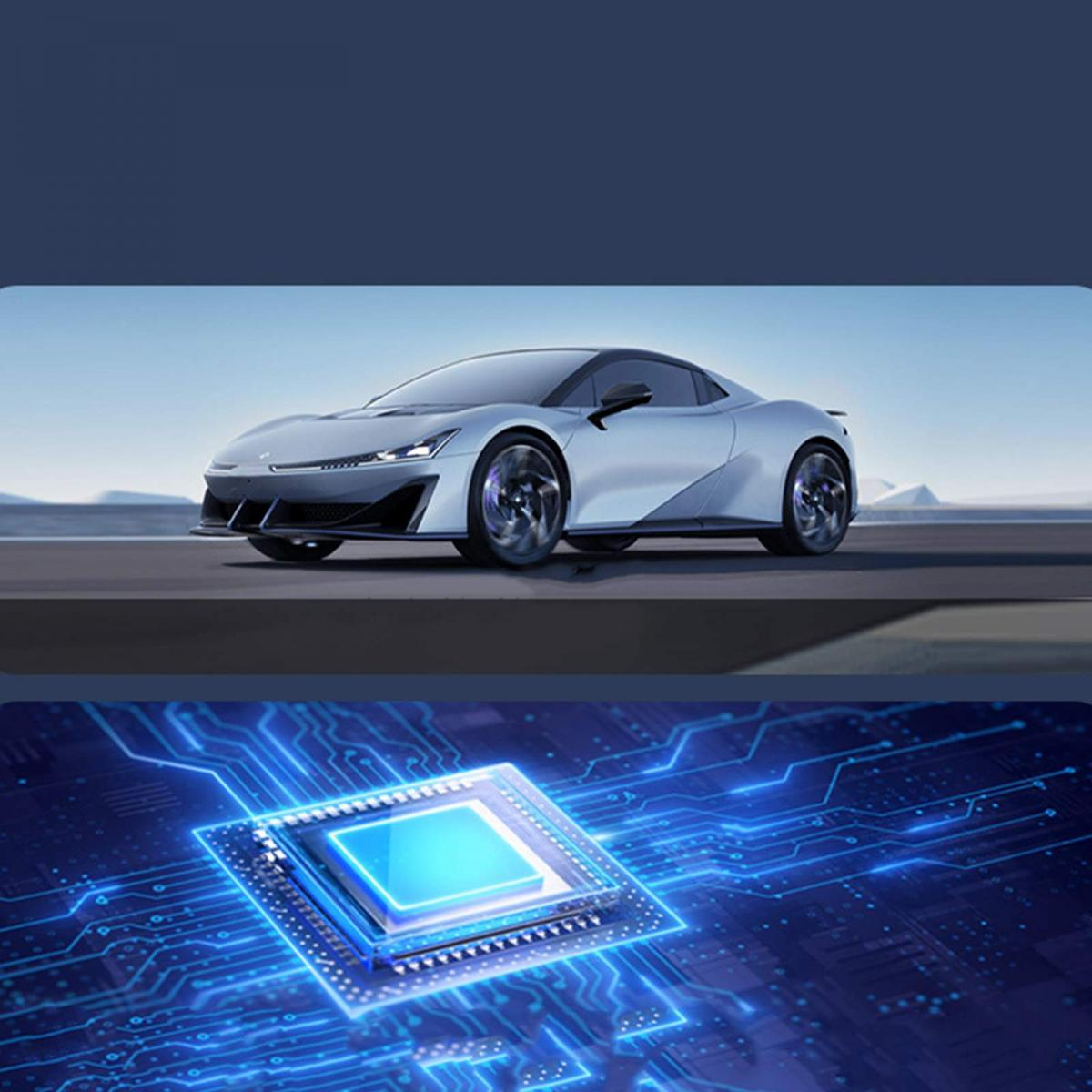 Silbernes Sportauto auf Straße, blaue Leiterplatte mit leuchtendem Chip.