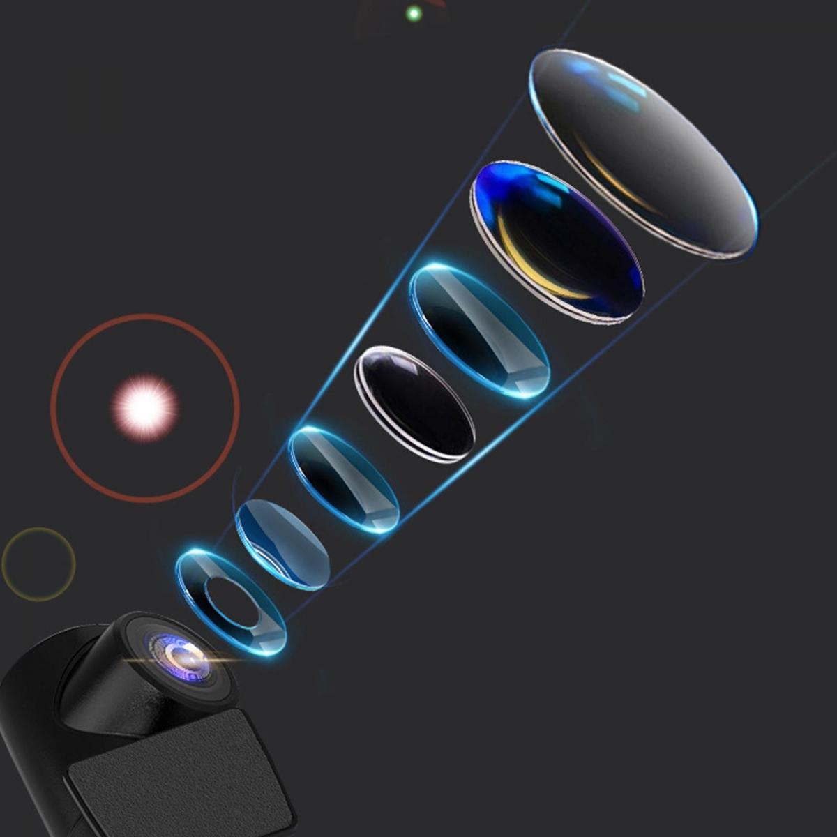 Eine Kameraoptik mit Linsen und Lichtstrahlen auf dunklem Hintergrund.