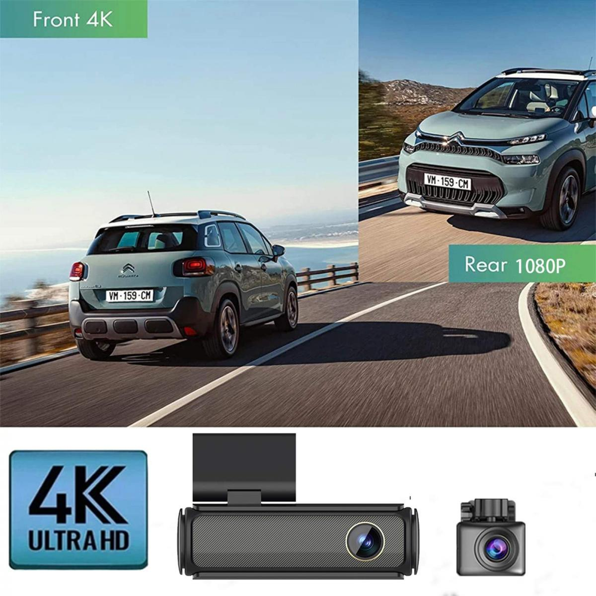 Zwei grüne Autos, eines von hinten mit der Aufschrift „Front 4K“ und eines von vorne mit der Aufschrift „Rear 1080P“, auf einer Straße in Meeresnähe. Darunter ein „4K Ultra HD“-Logo und zwei Kameras.
