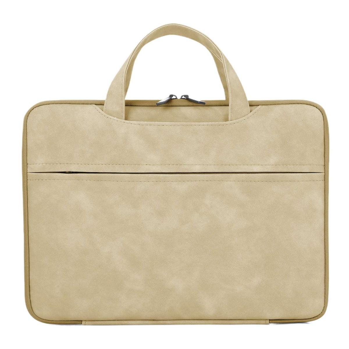 Eine beige Laptoptasche mit zwei Henkeln und einer Reißverschlusstasche vorne.