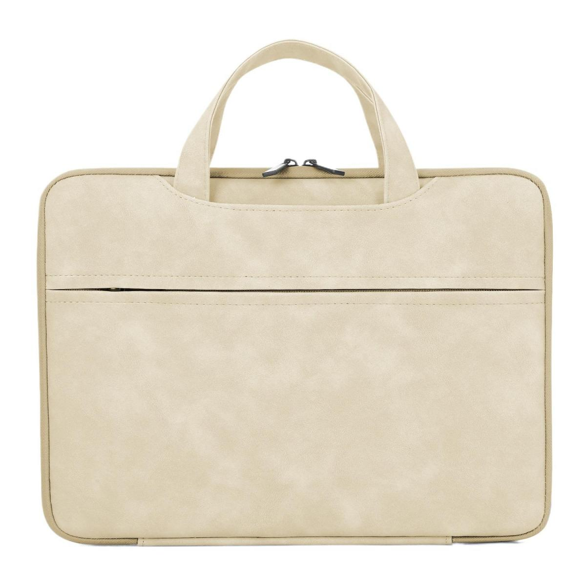Eine hellbeigefarbene Laptoptasche mit Griffen und Reißverschlusstasche.
