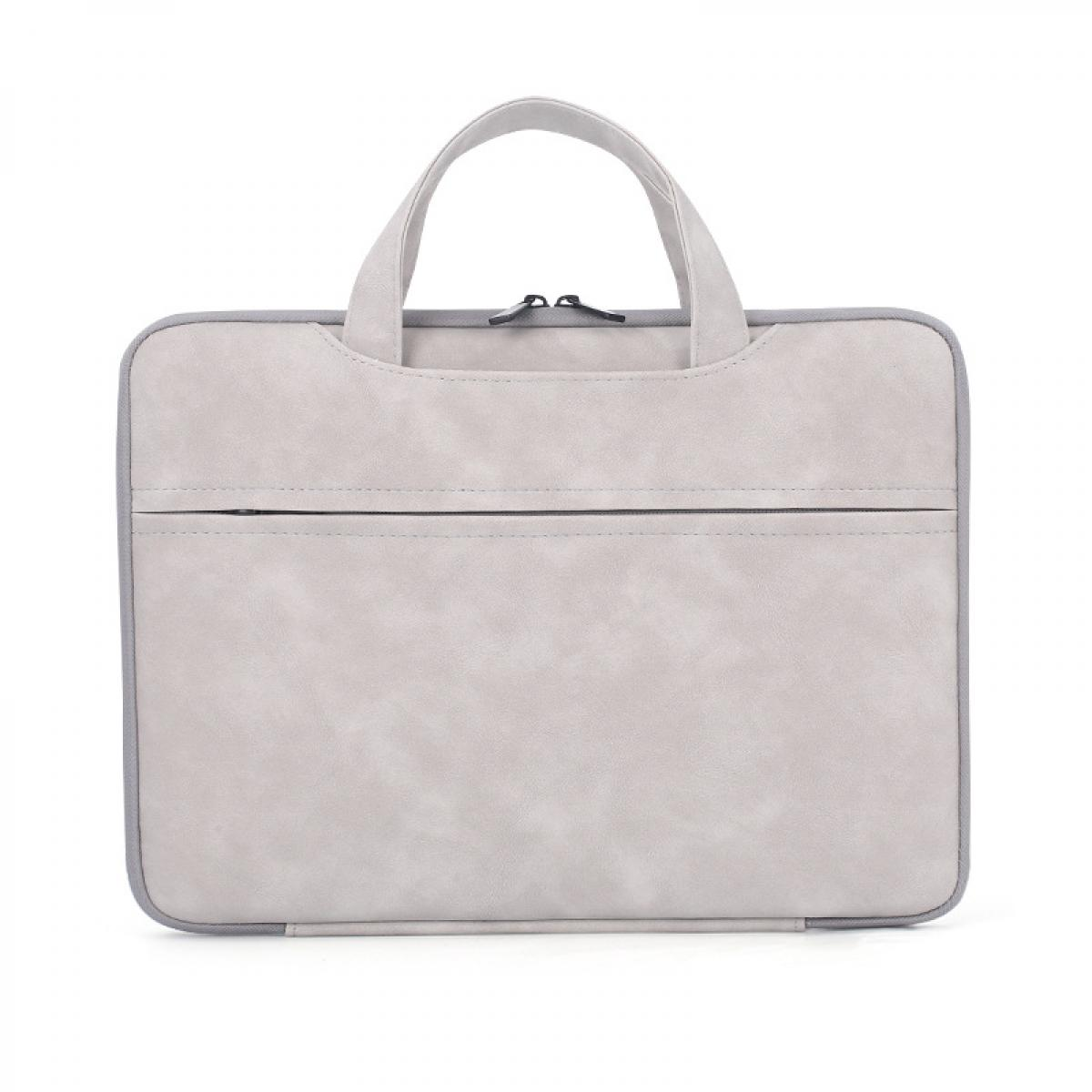 Eine graue Laptoptasche mit zwei Reißverschlüssen und einem Griff.