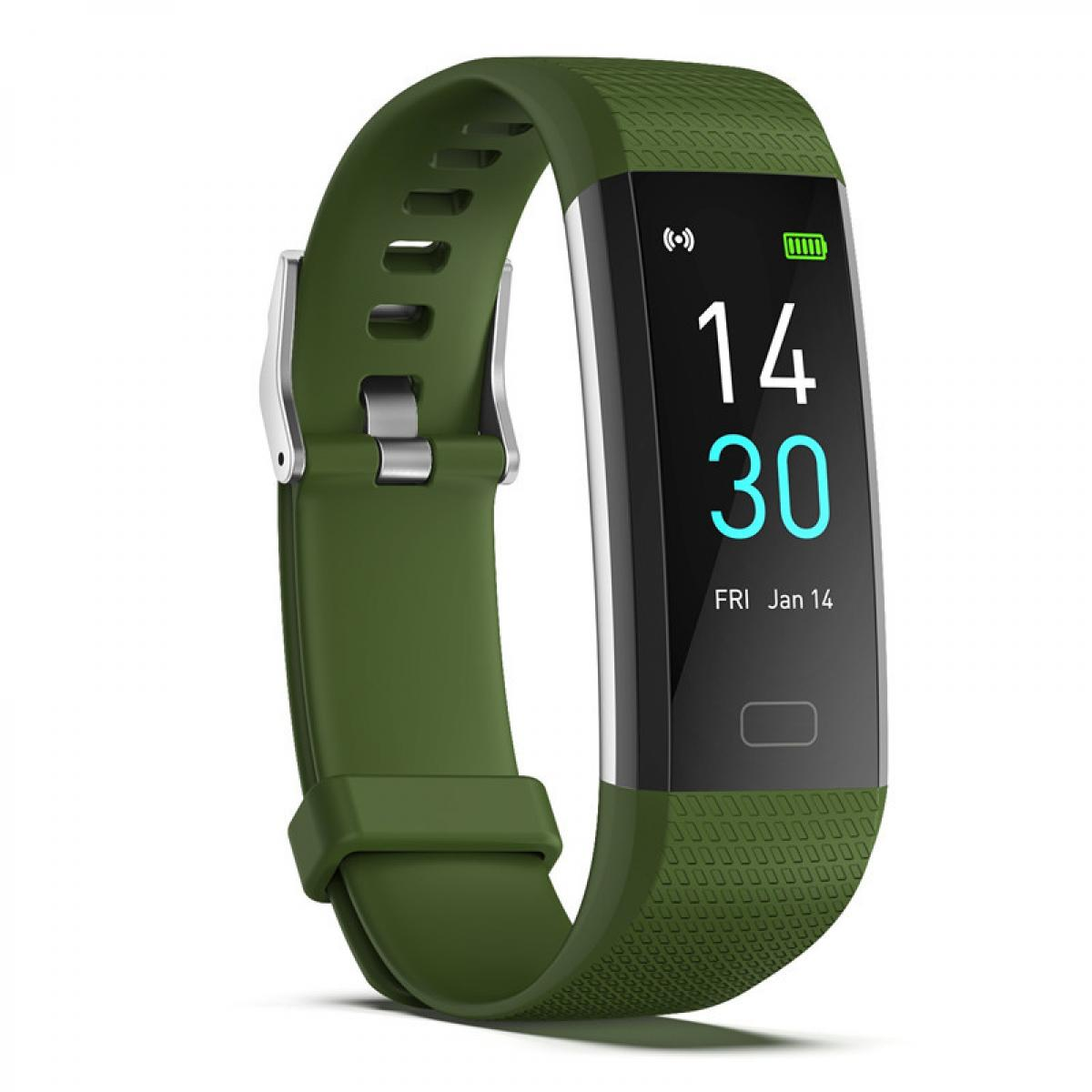 Eine grüne Smartwatch mit schwarzem Bildschirm, der 14:30 Uhr und Fri Jan 14 anzeigt.